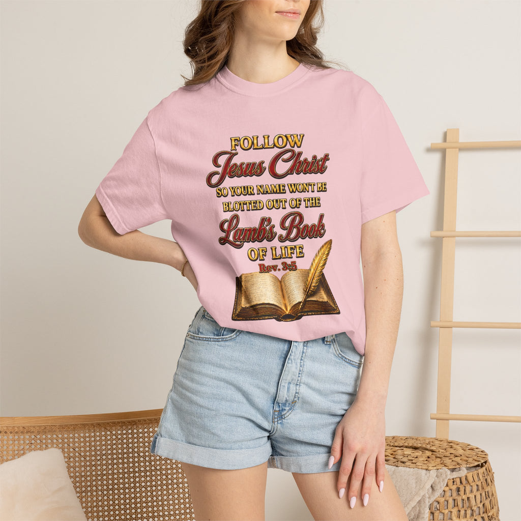 Christian T-Shirt - "Follow Jesus Christ" Bible Verse Graphic Tee (Book of Life)