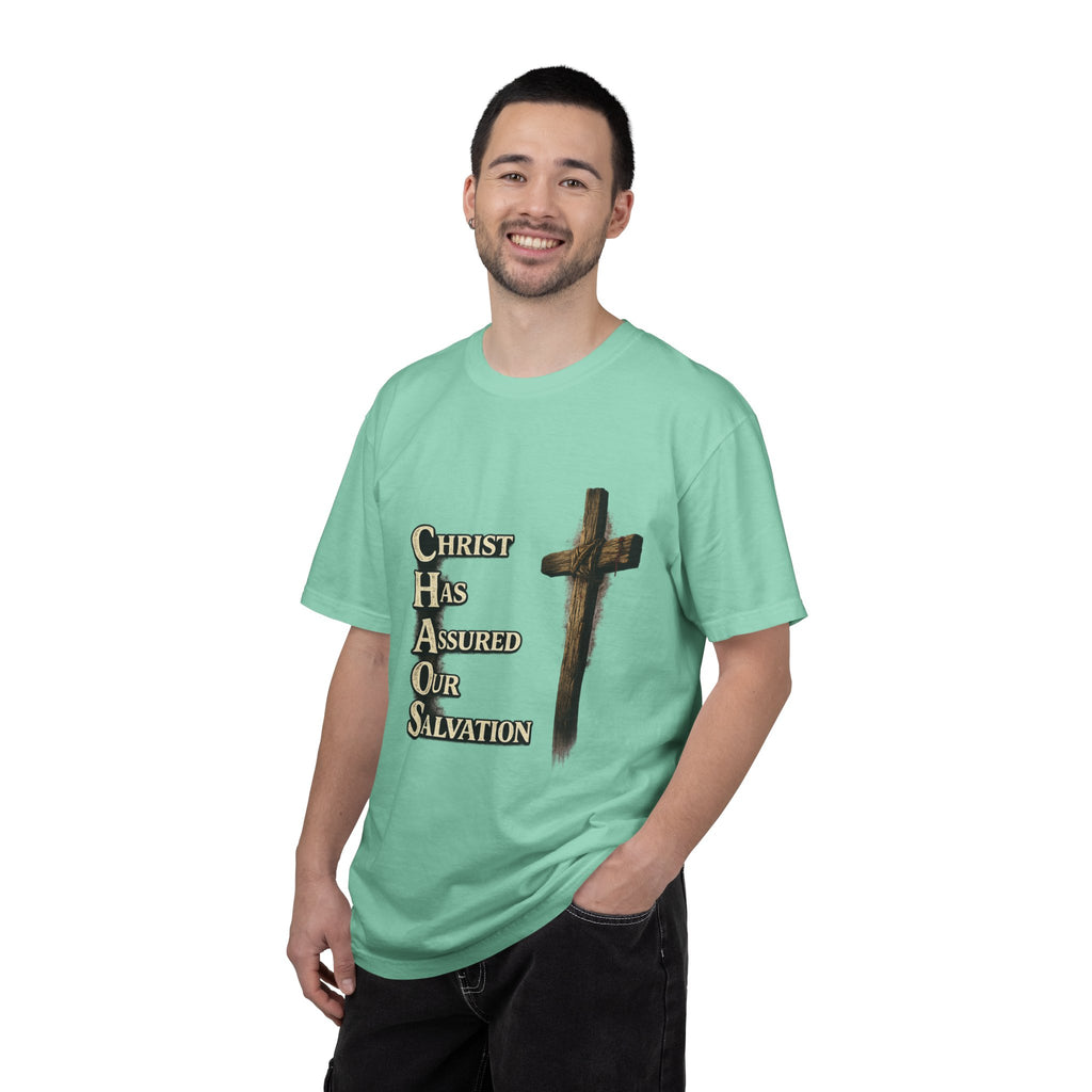Christian Cross T‑Shirt — "CHAOS: Christ Has Assured Our Salvation" Faith Tee