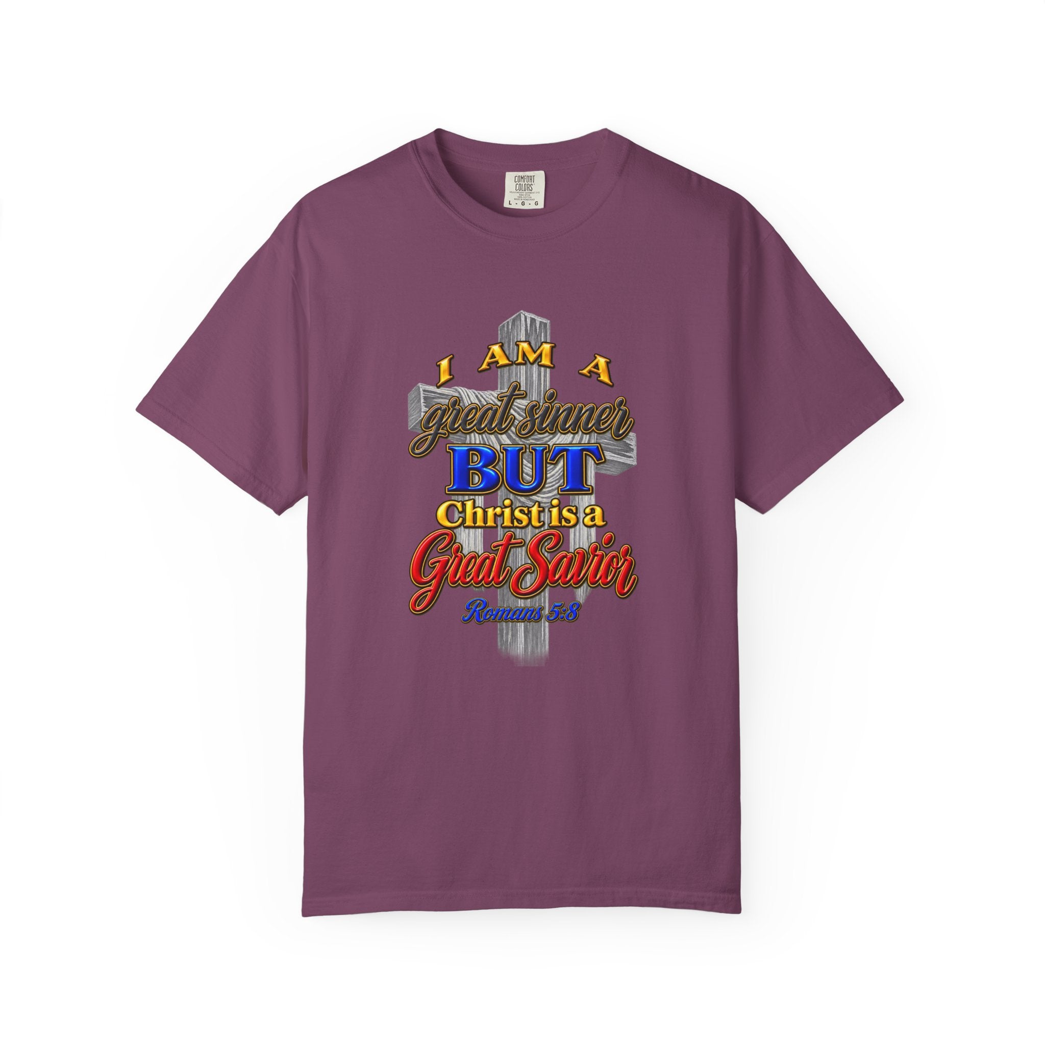 Christian Graphic T-Shirt — "I Am A Great Sinner But Christ Is A Great Savior" (Full Armor of God)