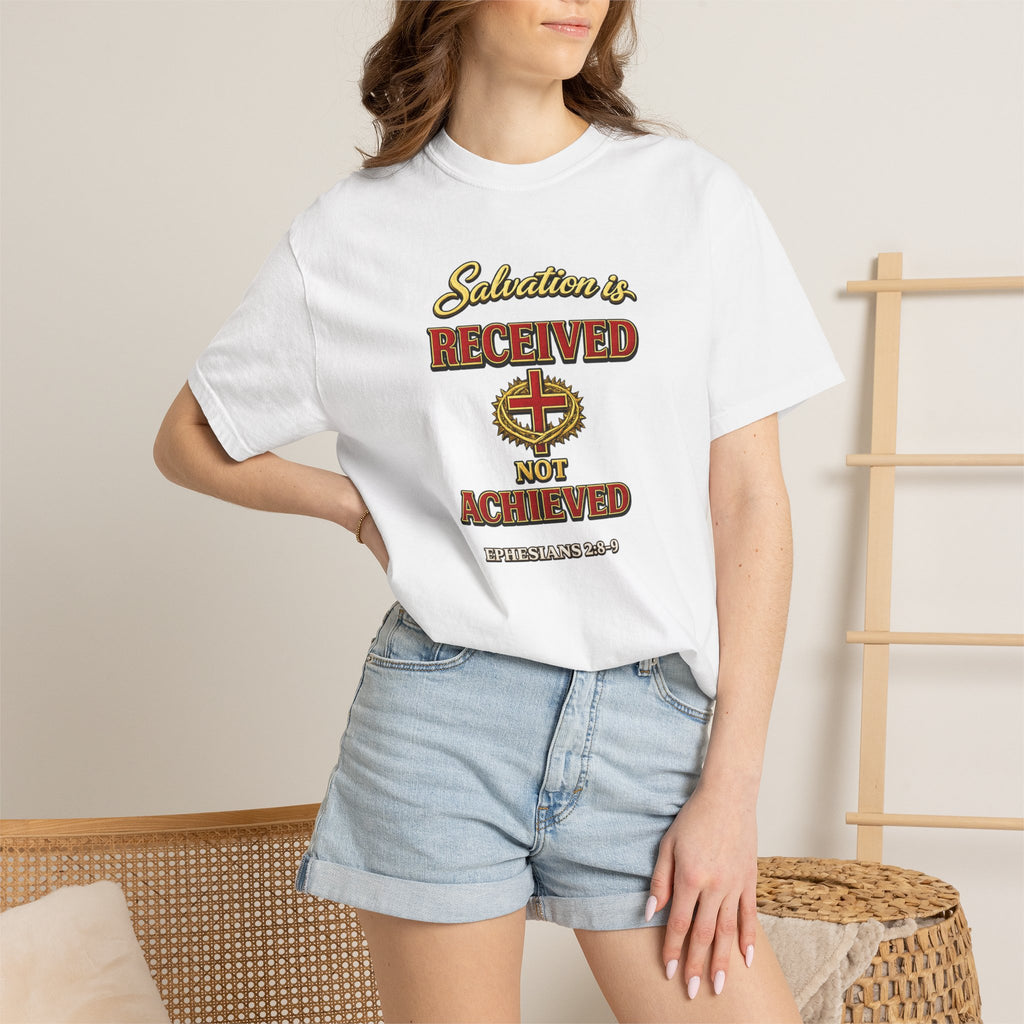 Faith T-Shirt — "Salvation Is Received Not Achieved" Christian Graphic Tee (Full Armor of God)