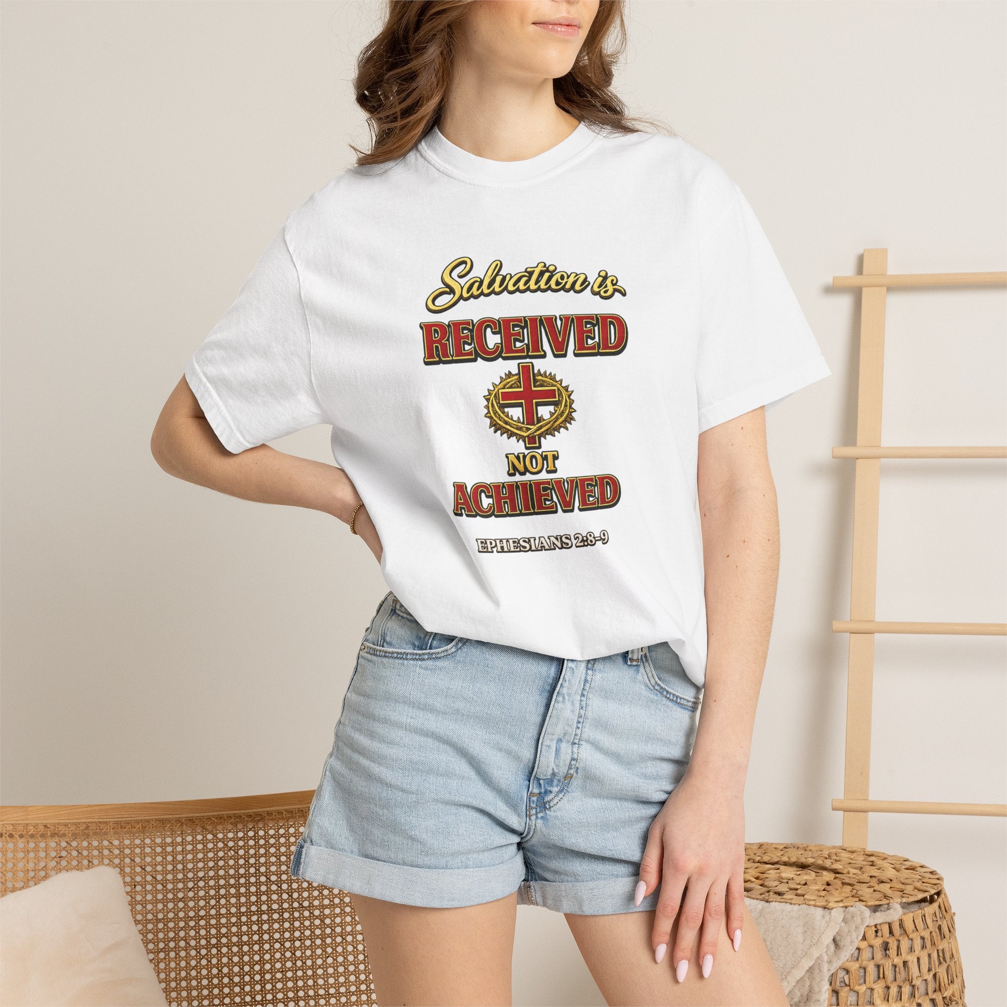 Faith T-Shirt — "Salvation Is Received Not Achieved" Christian Graphic Tee (Full Armor of God)