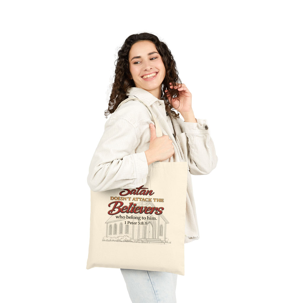 Christian Scripture Tote Bag – “Satan Doesn’t Attack the Believers” Canvas Grocery & Church Tote