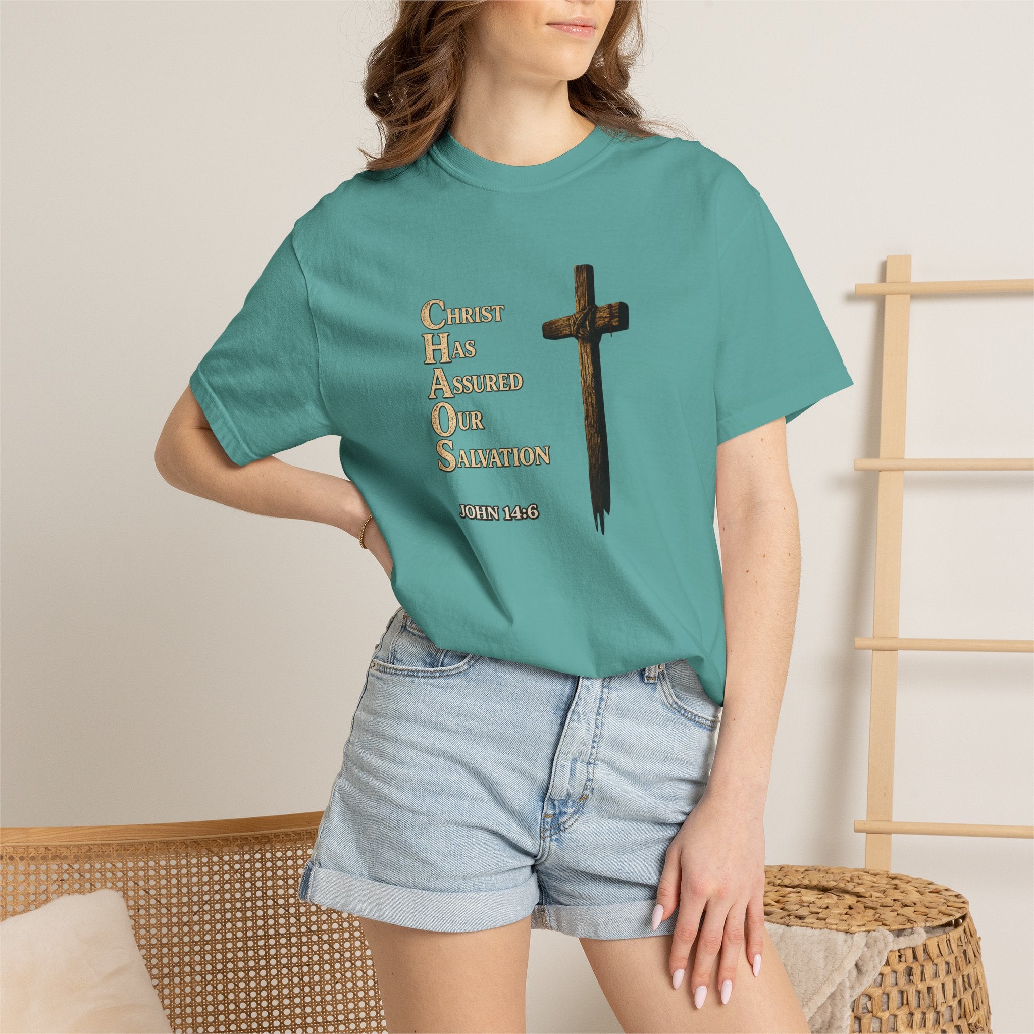 Christian Cross T-Shirt — "Christ Has Answered Our Salvation" Faith Tee (Back: "Full Armor of God")