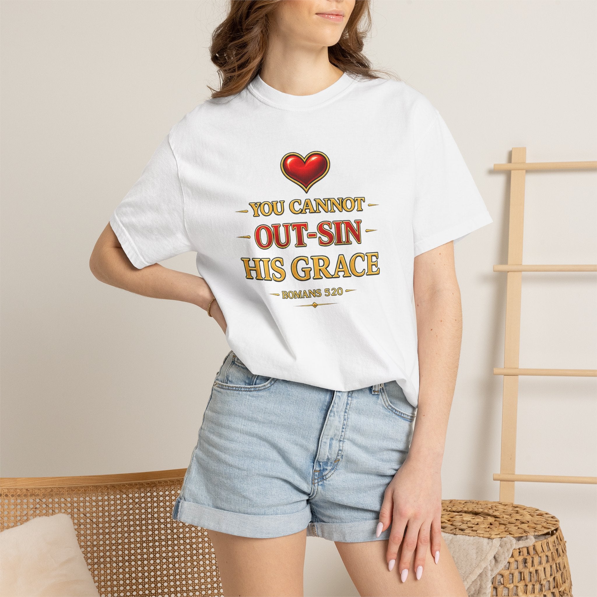 Christian T-Shirt - "You Cannot Out-Sin His Grace" Romans 5:20 Faith Tee