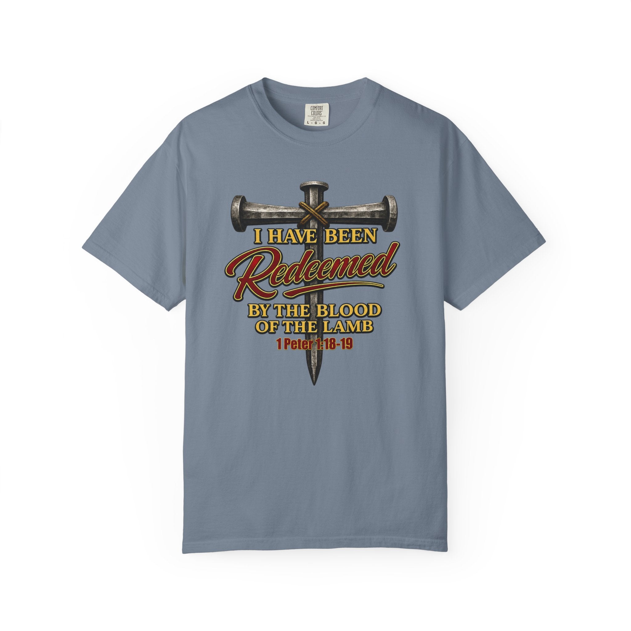 Redeemed by the Blood T-Shirt — Christian Cross & Nail Faith Tee (1 Peter 1:18-19)