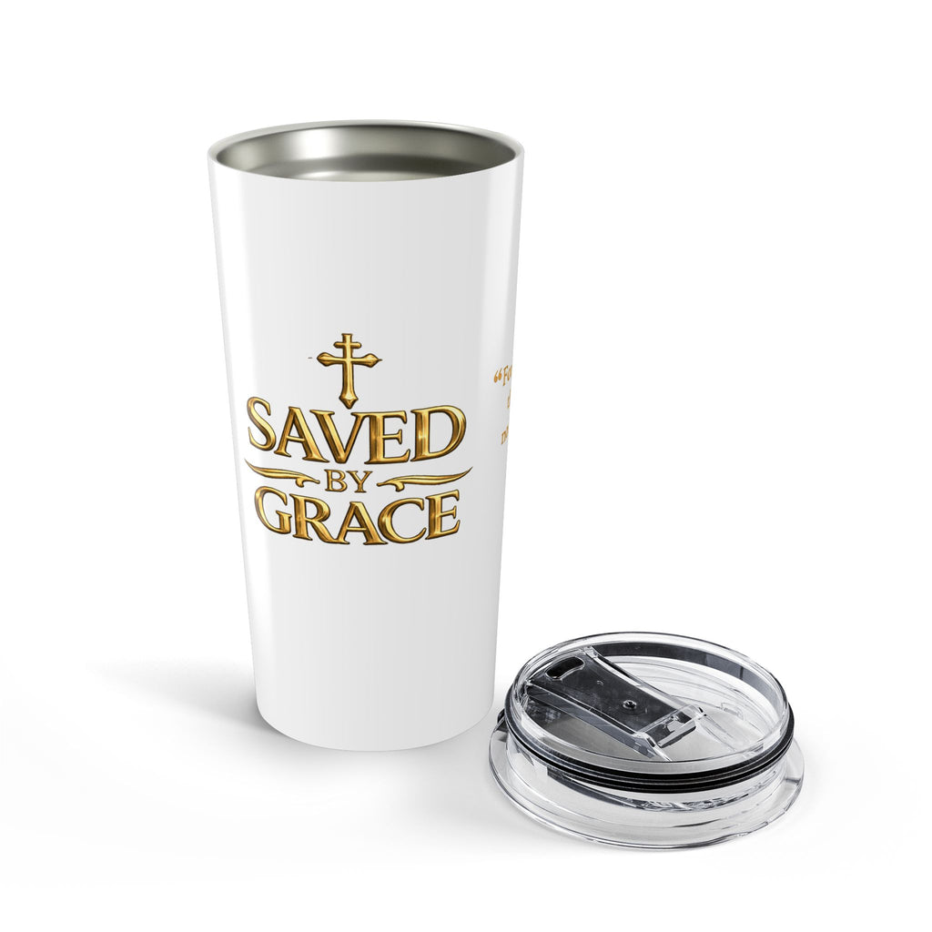 Saved by Grace 20oz Christian Tumbler — Faith Quote & Shield Design