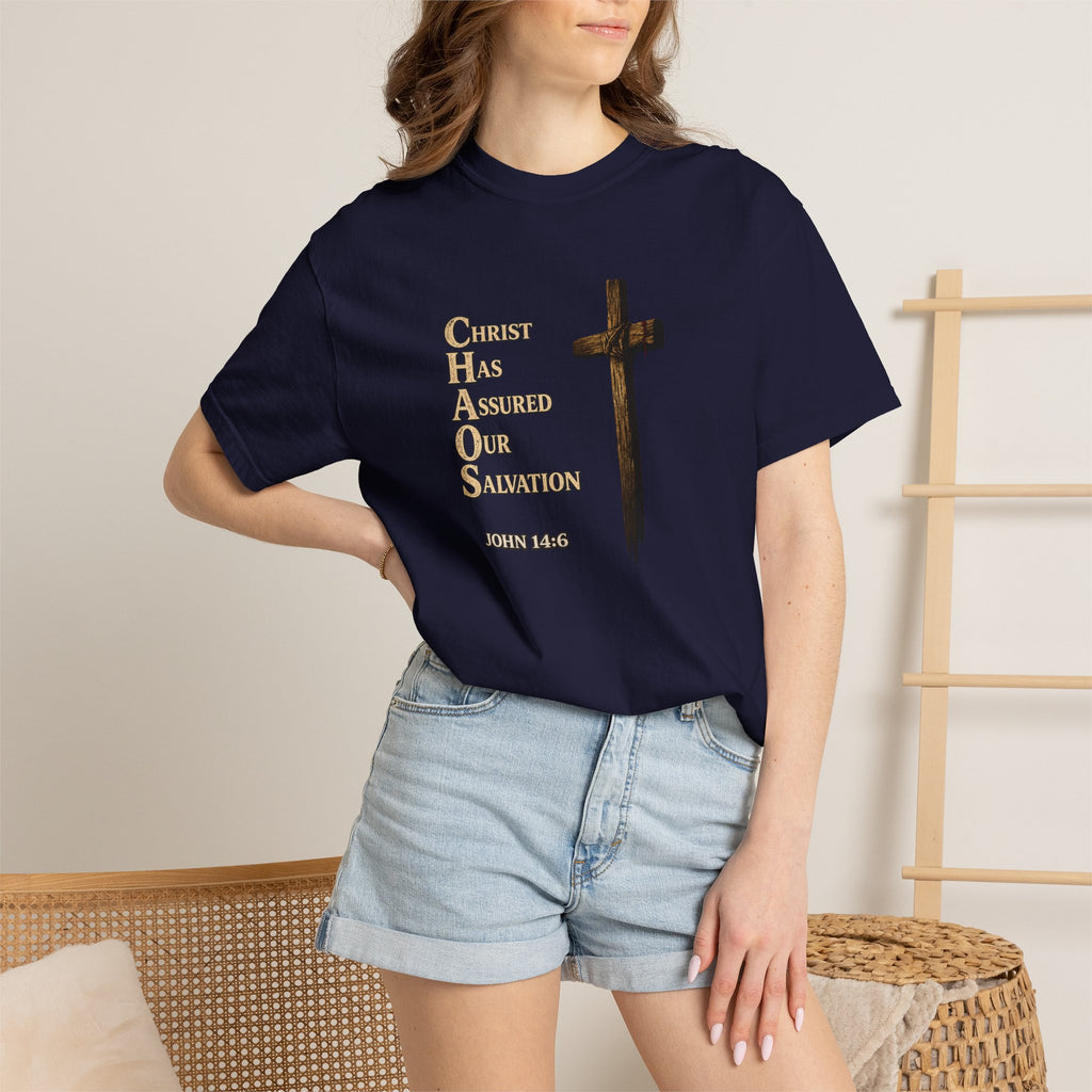Christian Cross T-Shirt — "Christ Has Answered Our Salvation" Faith Tee (Back: "Full Armor of God")