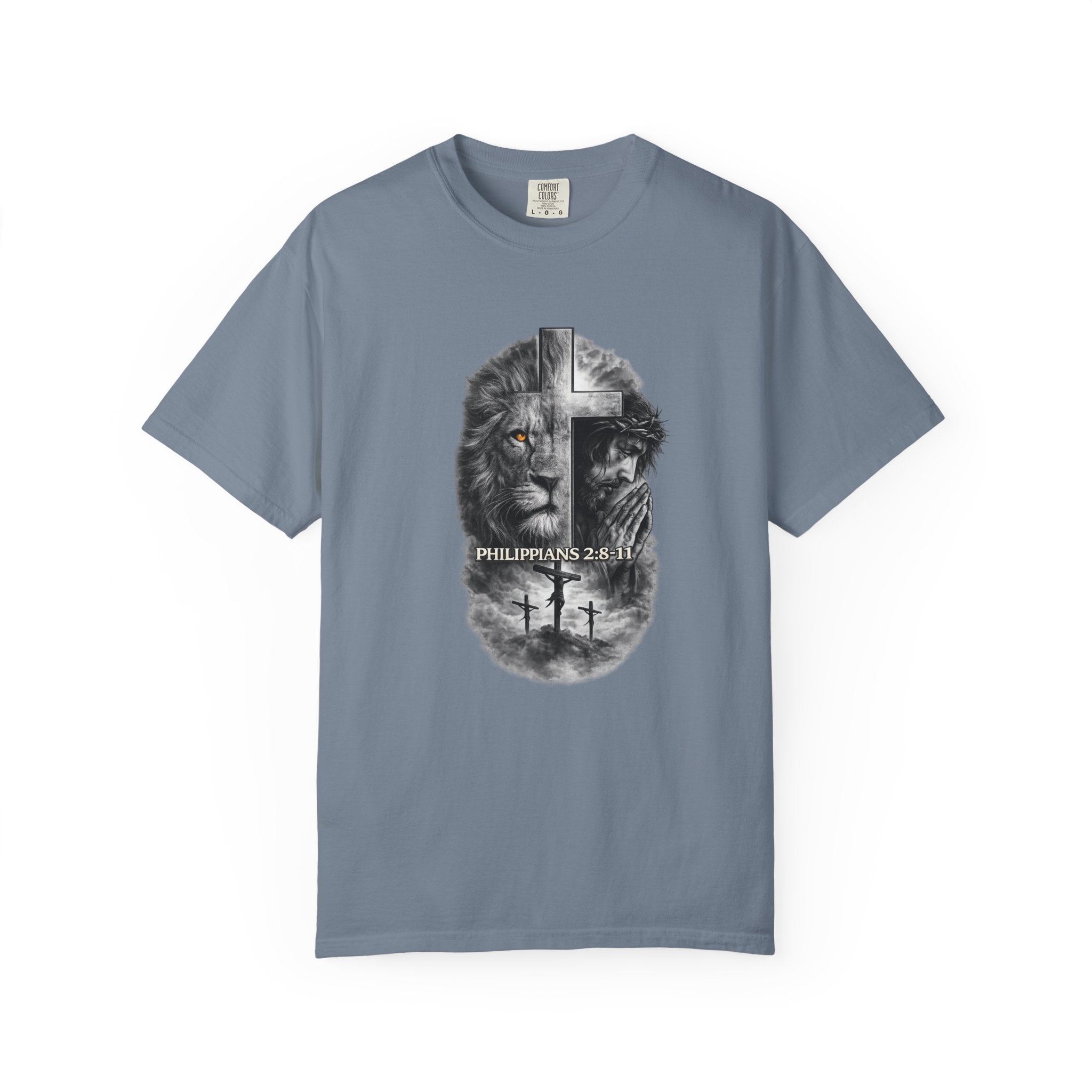 Christian Lion Cross T-Shirt — Philippians 2:8 Faith Graphic Tee