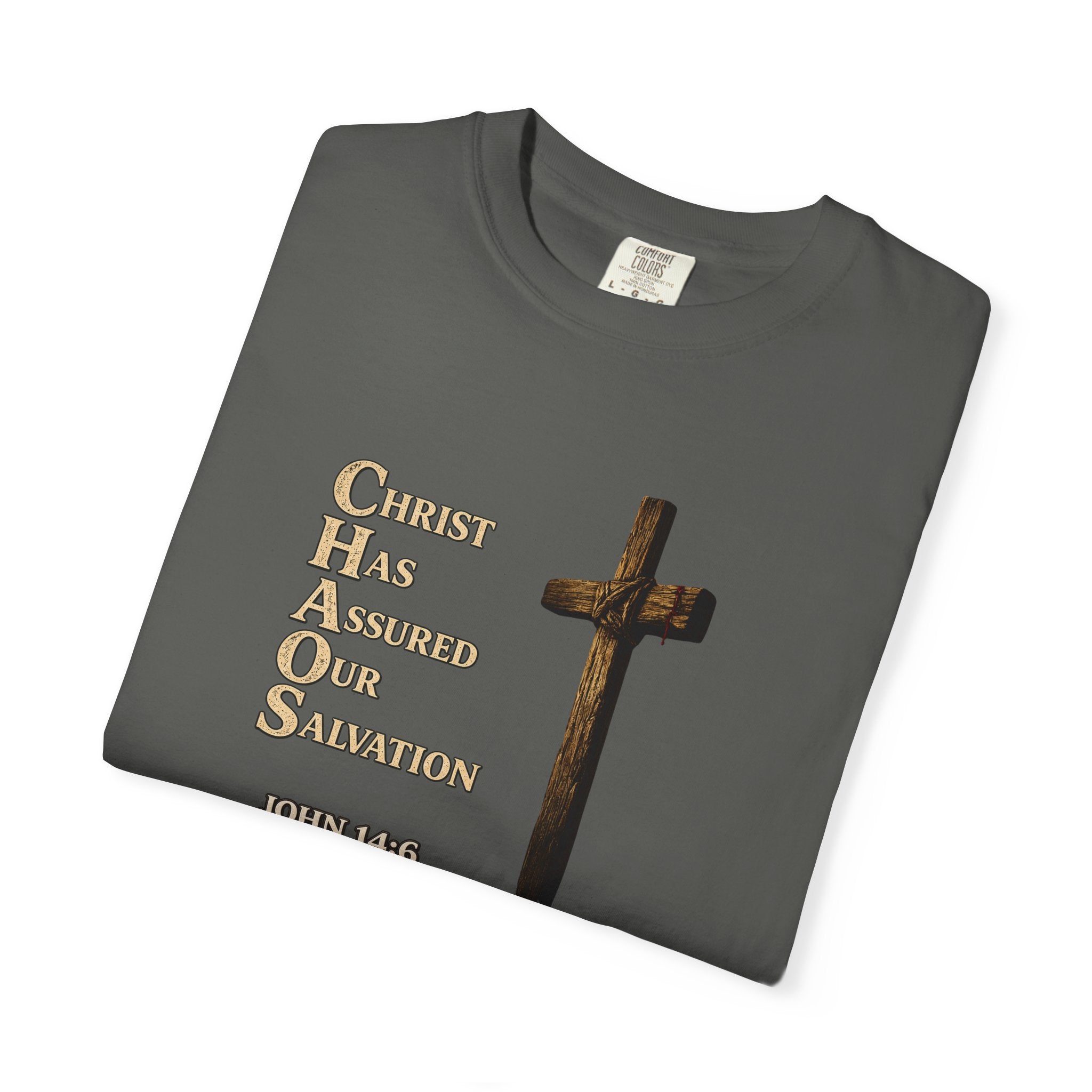 Christian Cross T-Shirt — "Christ Has Answered Our Salvation" Faith Tee (Back: "Full Armor of God")