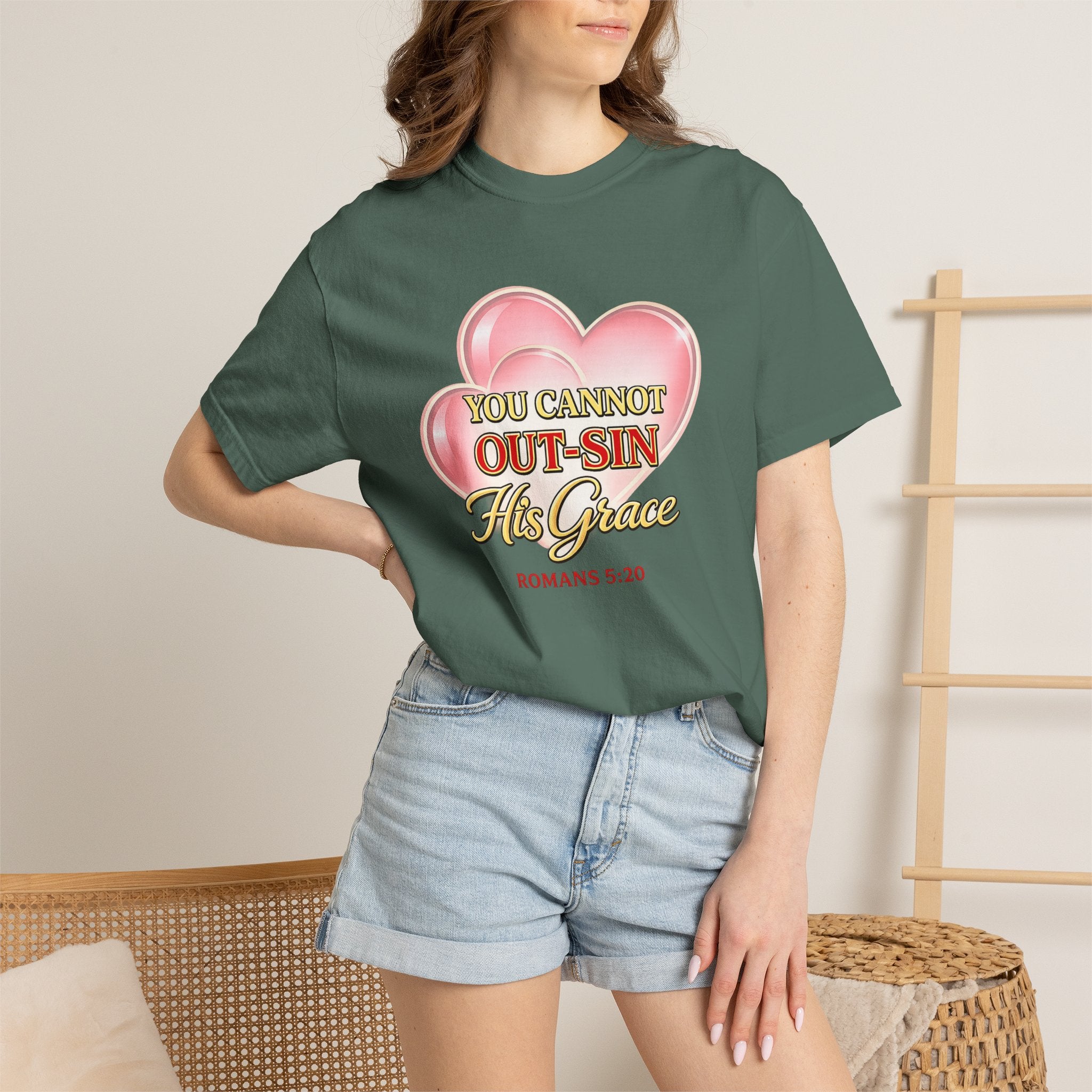 Christian Heart T-Shirt — "You Cannot Out-Sin His Grace" (Romans 5:20)