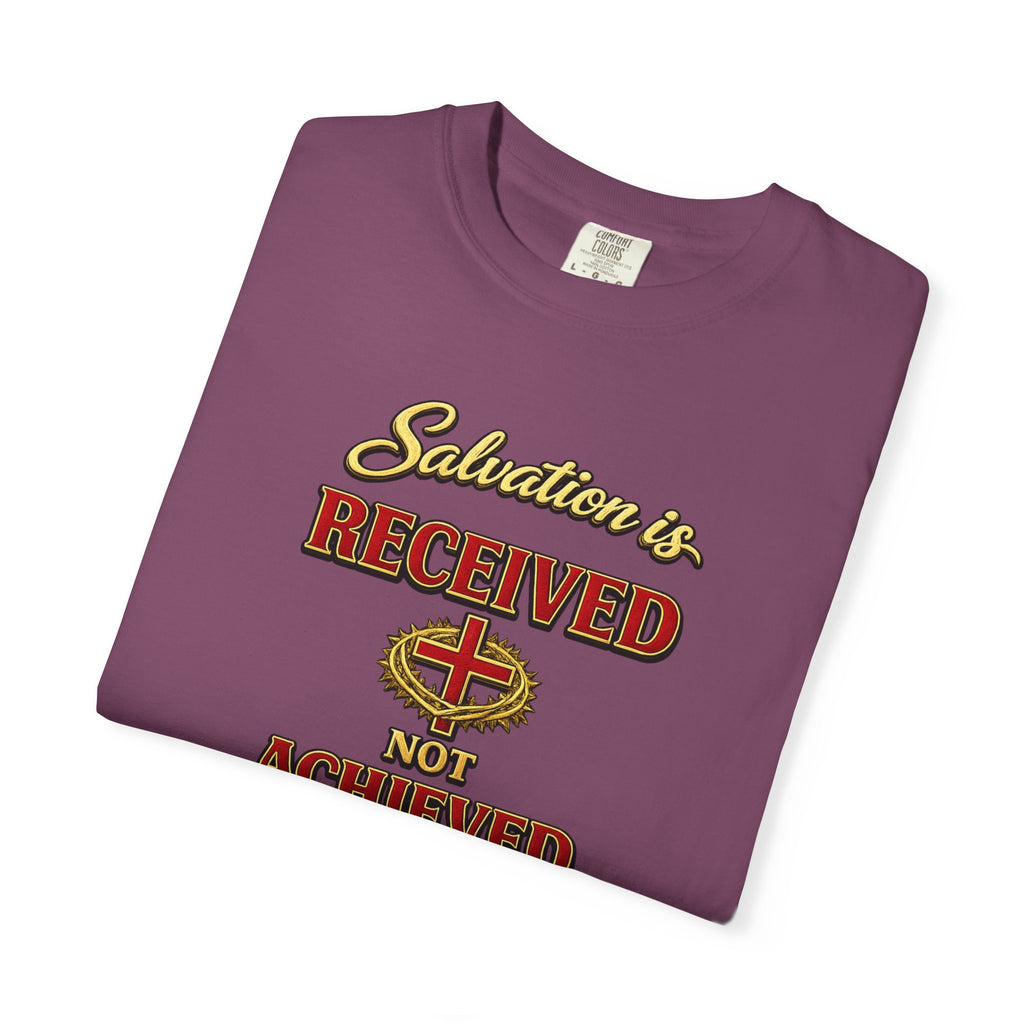 Faith T-Shirt — "Salvation Is Received Not Achieved" Christian Graphic Tee (Full Armor of God)