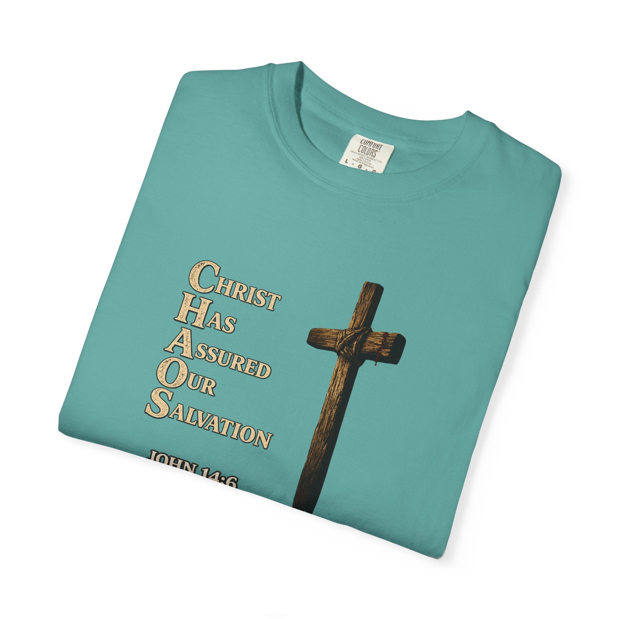 Christian Cross T-Shirt — "Christ Has Answered Our Salvation" Faith Tee (Back: "Full Armor of God")