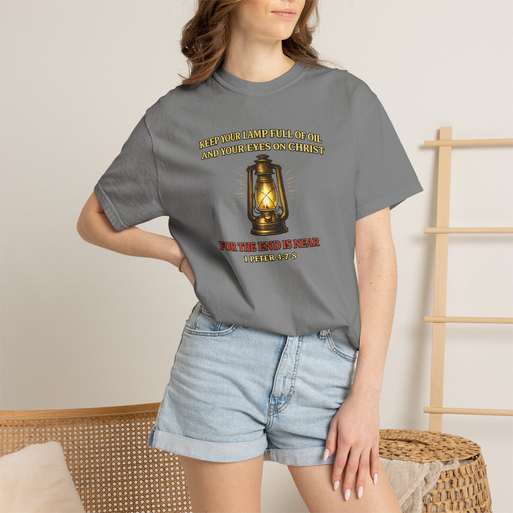 Christian Lantern T-Shirt — "Keep Your Lamp Full of Oil" Scripture Tee