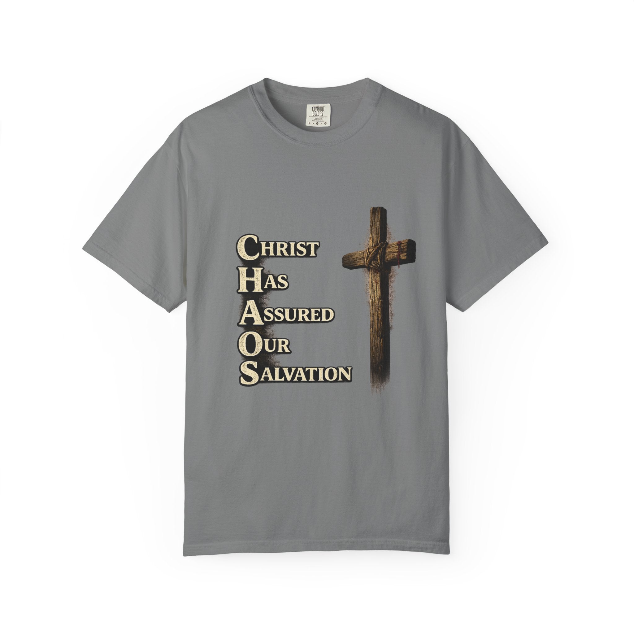 Christian Cross T‑Shirt — "CHAOS: Christ Has Assured Our Salvation" Faith Tee