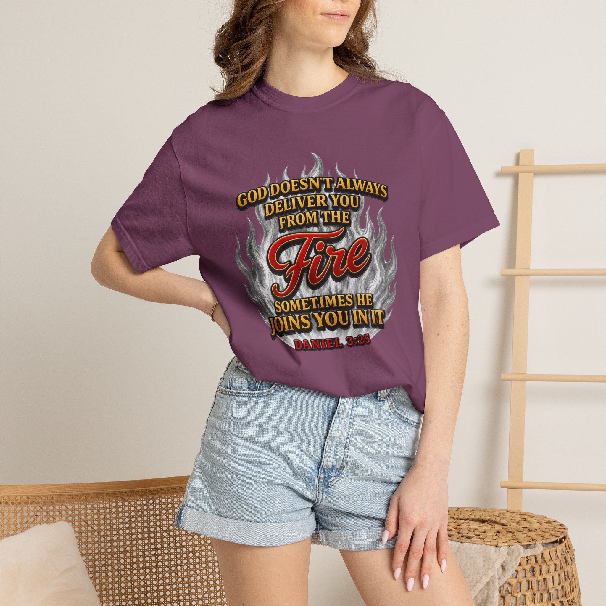 Christian Flame T-Shirt — "God Doesn’t Always Deliver You From the Fire" Faith Tee