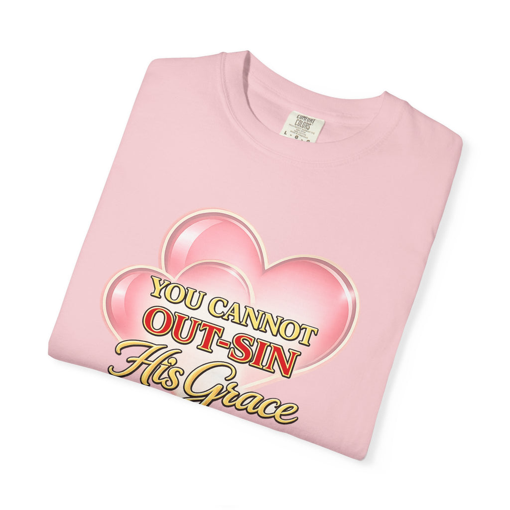 Christian Heart T-Shirt — "You Cannot Out-Sin His Grace" (Romans 5:20)