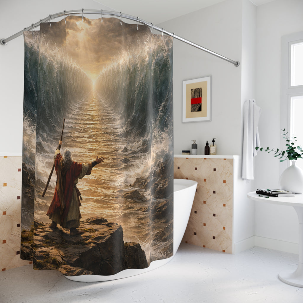 Moses Parting Sea Shower Curtain – Dramatic Biblical Wall Art Bathroom Decor