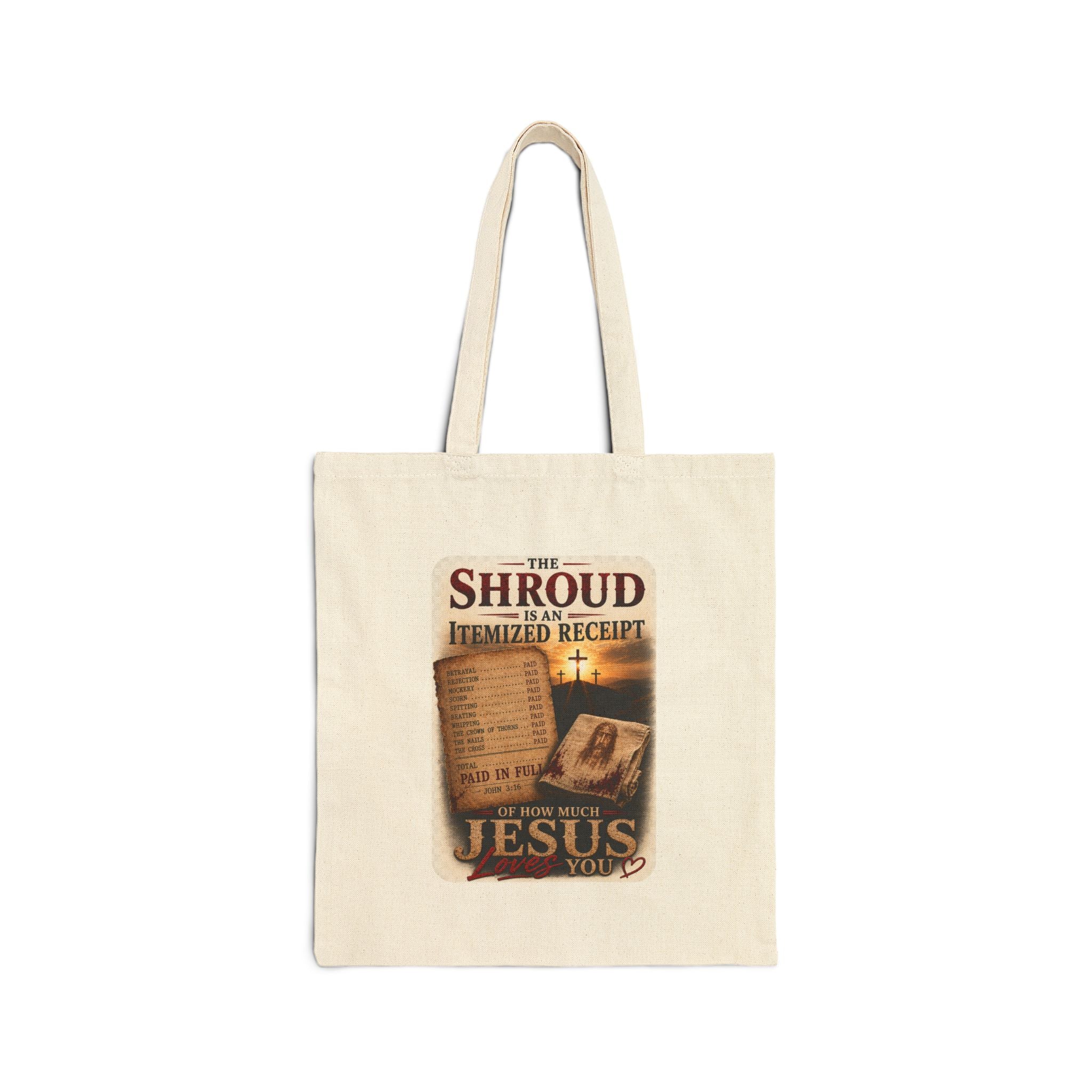 Christian Canvas Tote Bag – “The Shroud Itemized Receipt” Faith Graphic Tote