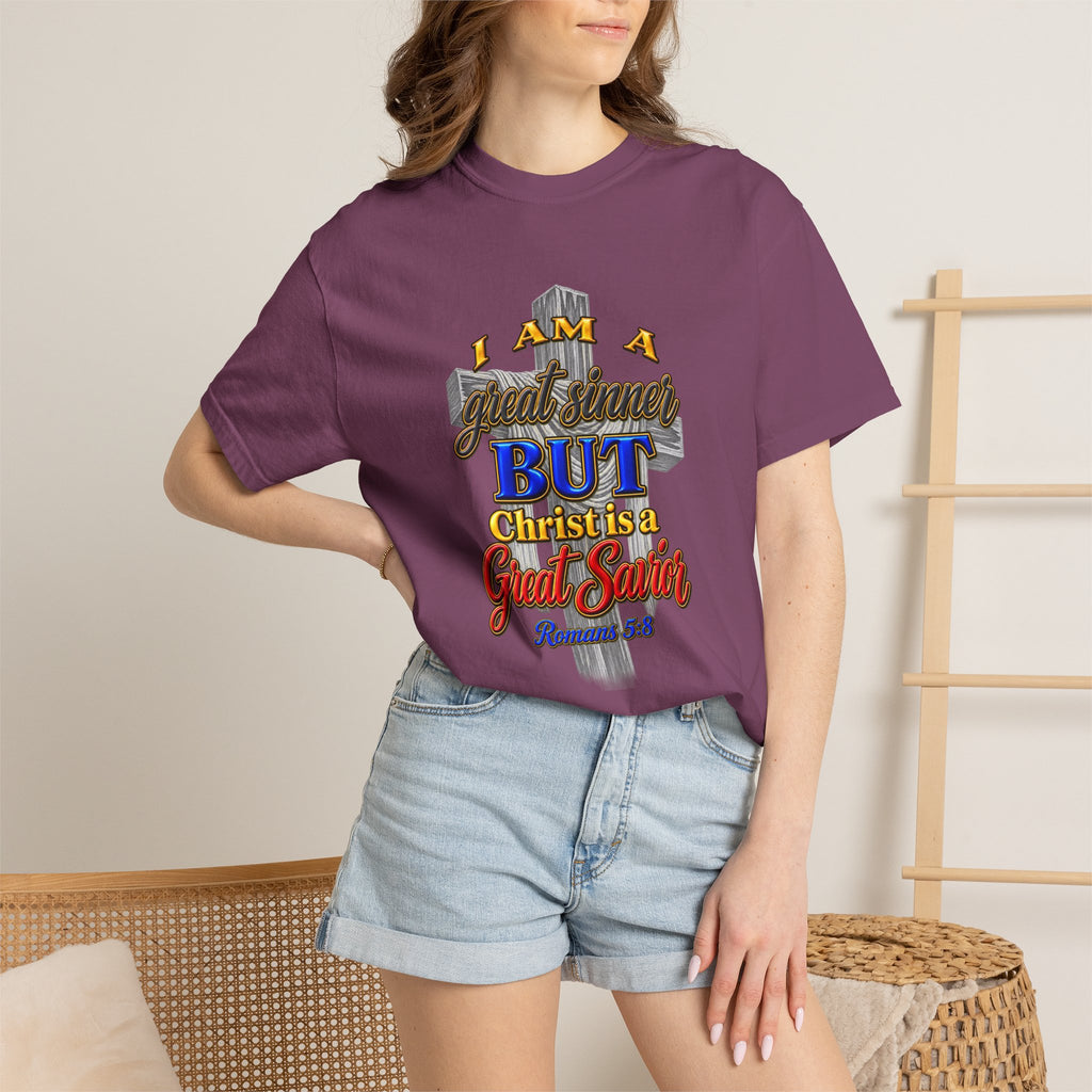 Christian Graphic T-Shirt — "I Am A Great Sinner But Christ Is A Great Savior" (Full Armor of God)