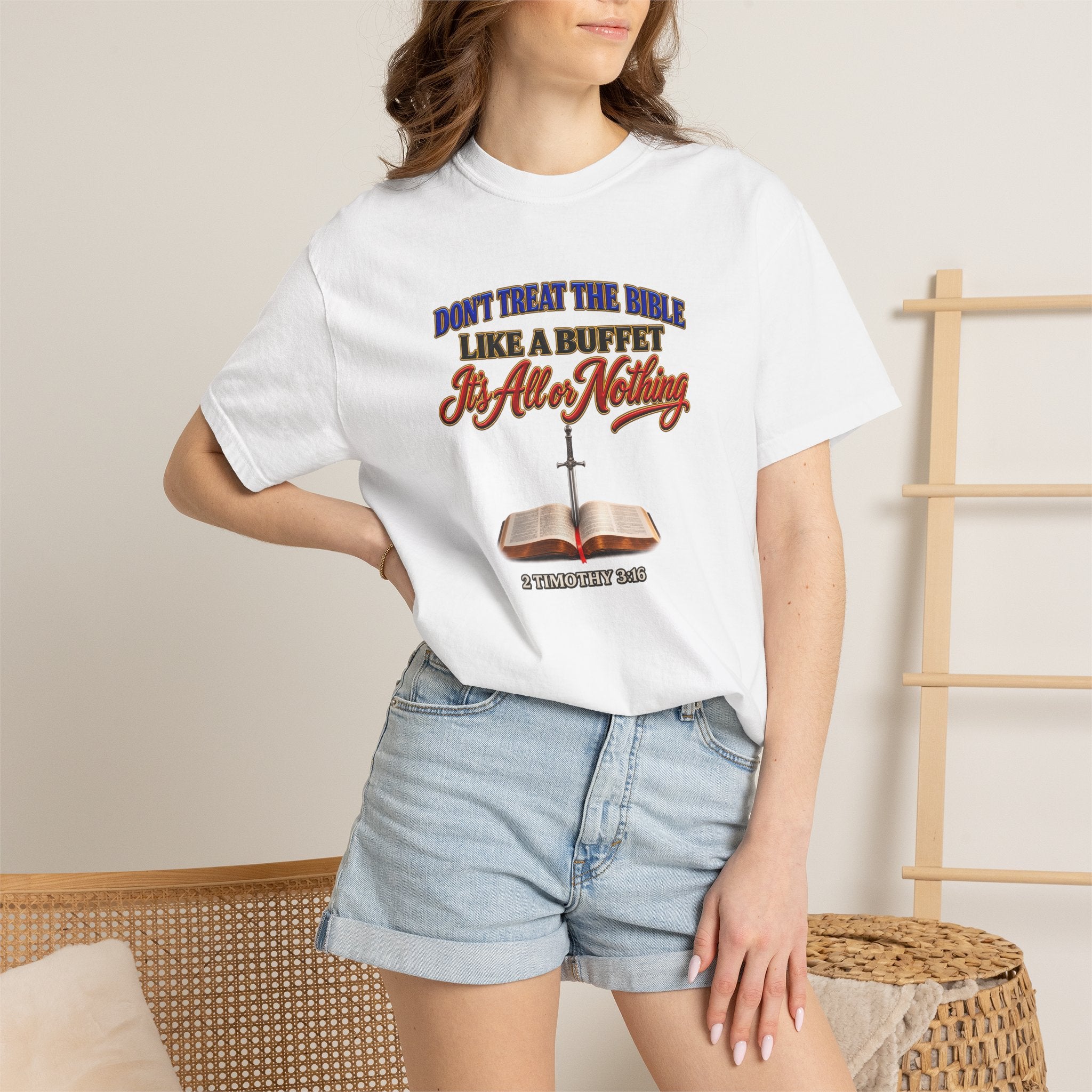 Christian Faith T-Shirt — "Don't Treat the Bible Like a Buffet" with Open Bible & "Full Armor of God" Back