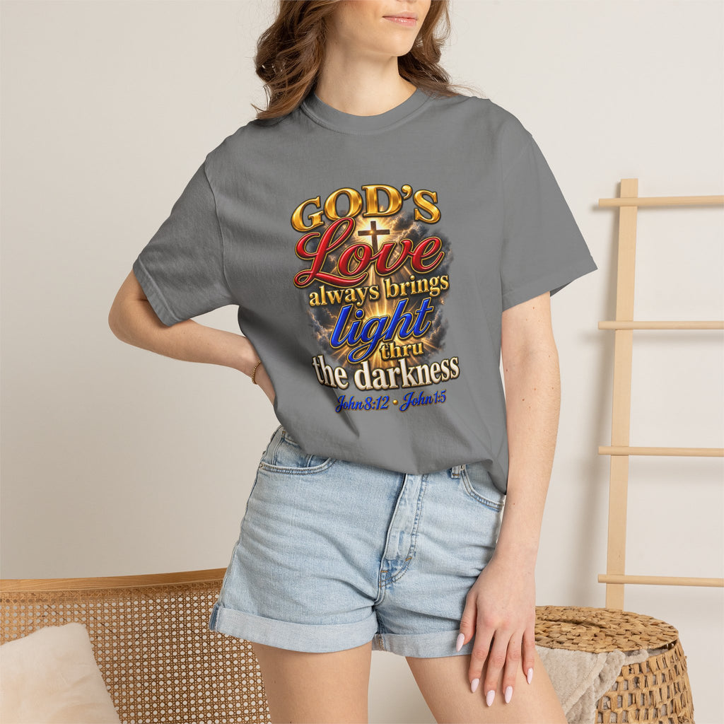 Christian Faith T-Shirt – “God’s Love Always Brings Light” Scripture Tee (John 8:12)