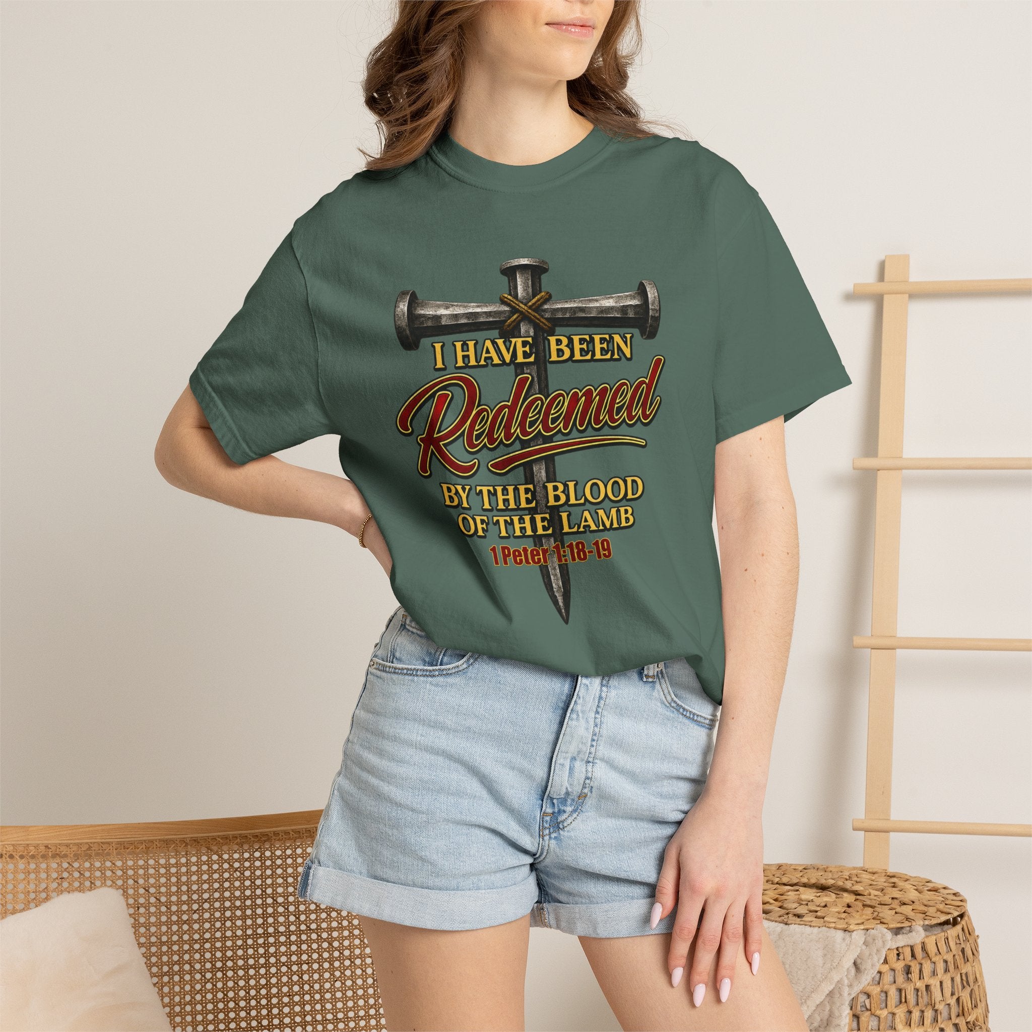 Redeemed by the Blood T-Shirt — Christian Cross & Nail Faith Tee (1 Peter 1:18-19)