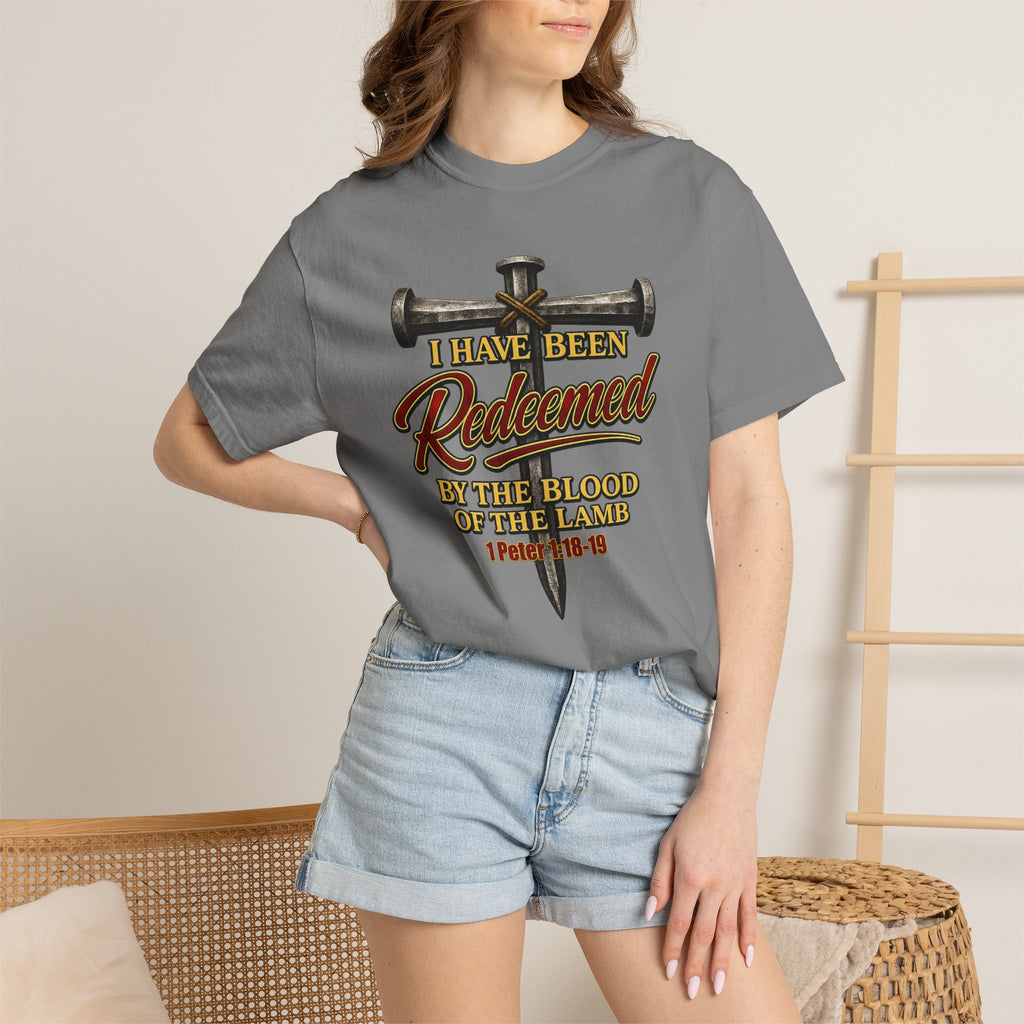 Redeemed by the Blood T-Shirt — Christian Cross & Nail Faith Tee (1 Peter 1:18-19)