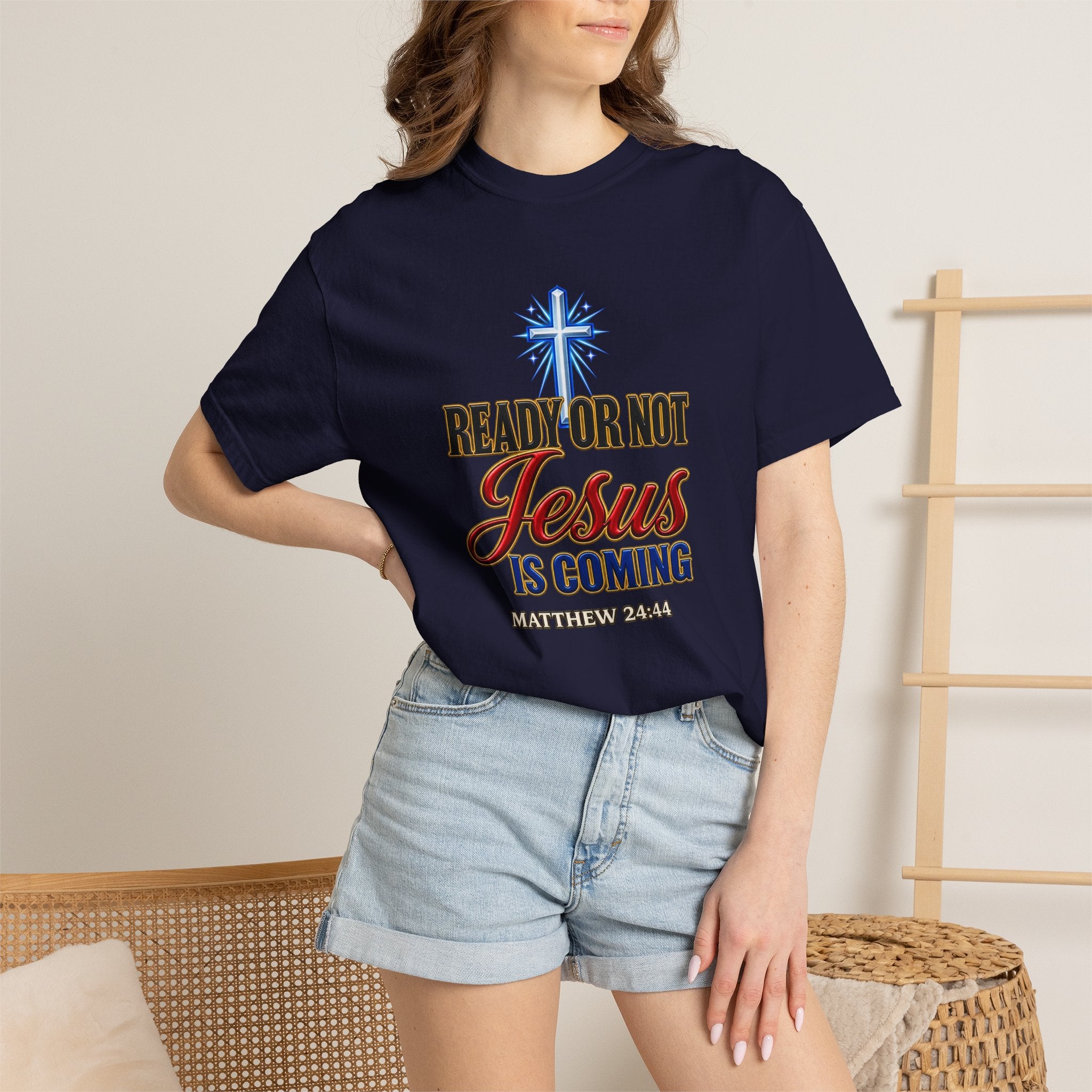 Christian T-Shirt — "Ready or Not Jesus Is Coming" Bible Verse Tee (Matthew 24:44)