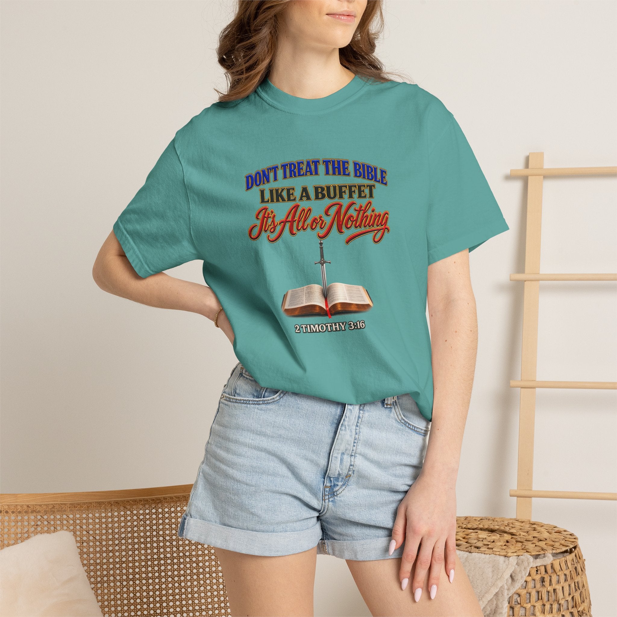Christian Faith T-Shirt — "Don't Treat the Bible Like a Buffet" with Open Bible & "Full Armor of God" Back