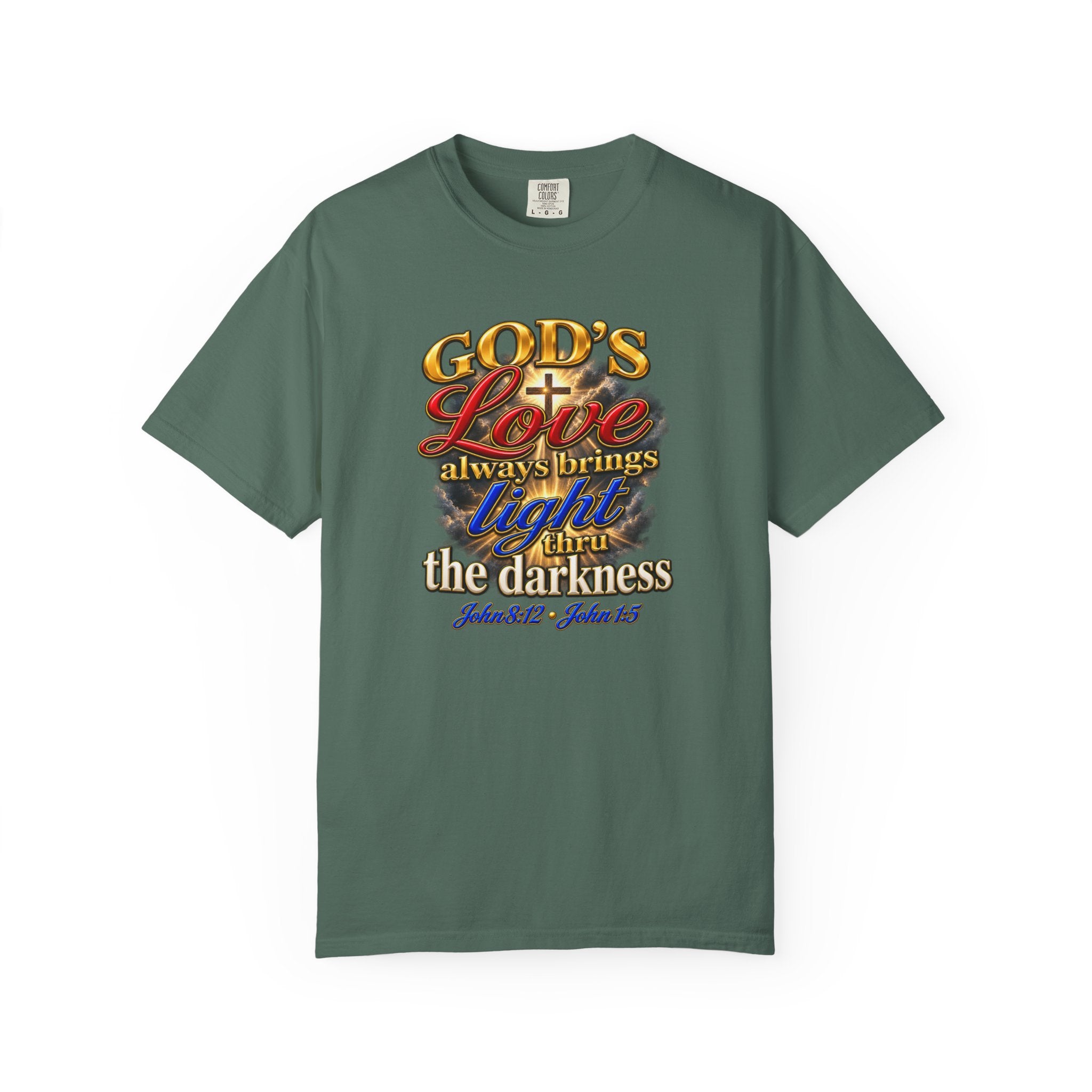 Christian Faith T-Shirt – “God’s Love Always Brings Light” Scripture Tee (John 8:12)