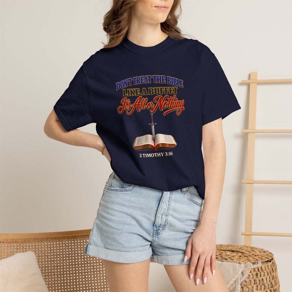 Christian Faith T-Shirt — "Don't Treat the Bible Like a Buffet" with Open Bible & "Full Armor of God" Back