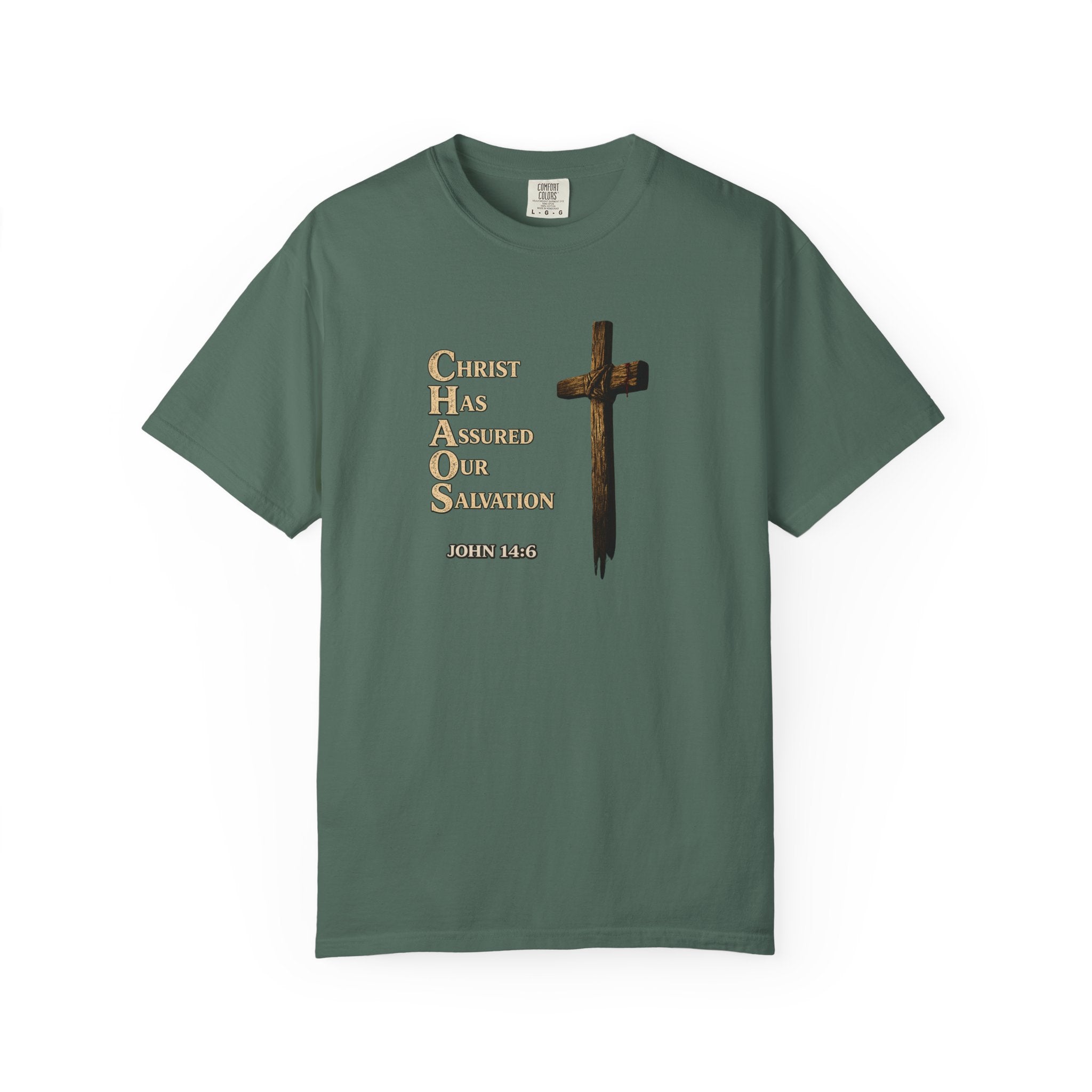 Christian Cross T-Shirt — "Christ Has Answered Our Salvation" Faith Tee (Back: "Full Armor of God")