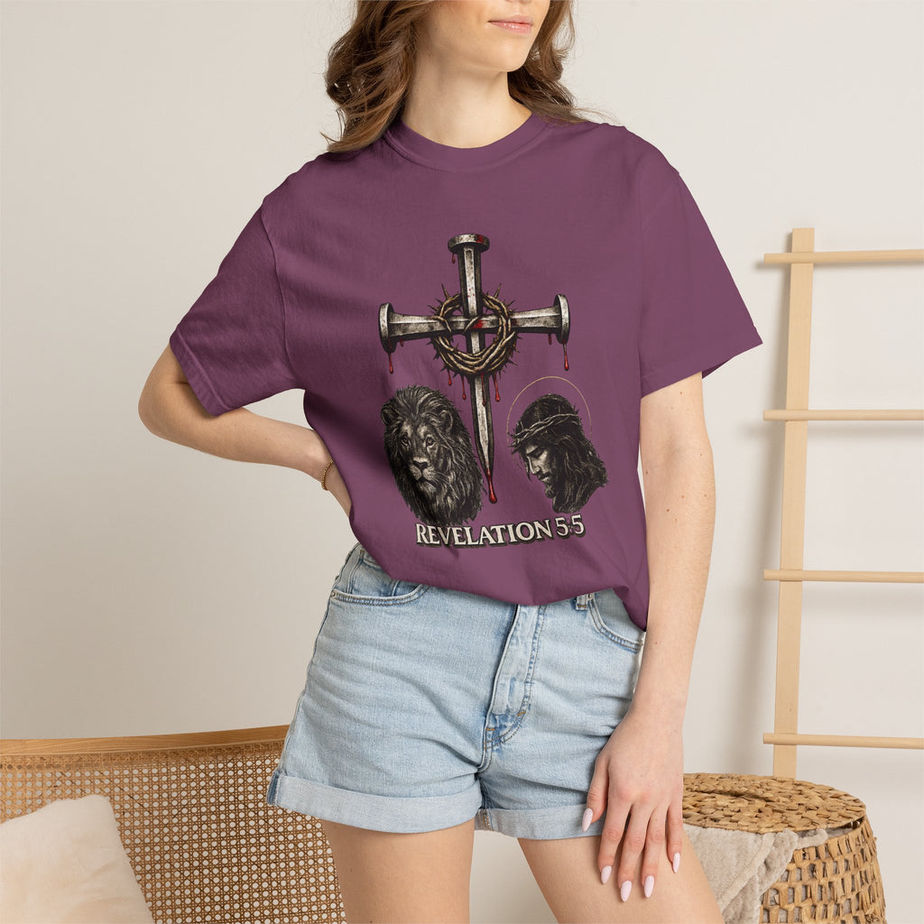 Revelation 5:5 Christian T-Shirt — Lion & Lamb Cross Design