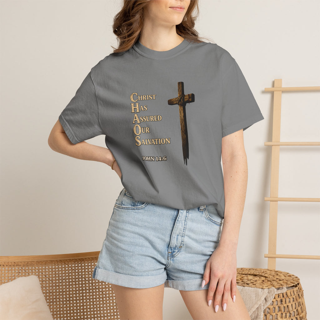 Christian Cross T-Shirt — "Christ Has Answered Our Salvation" Faith Tee (Back: "Full Armor of God")