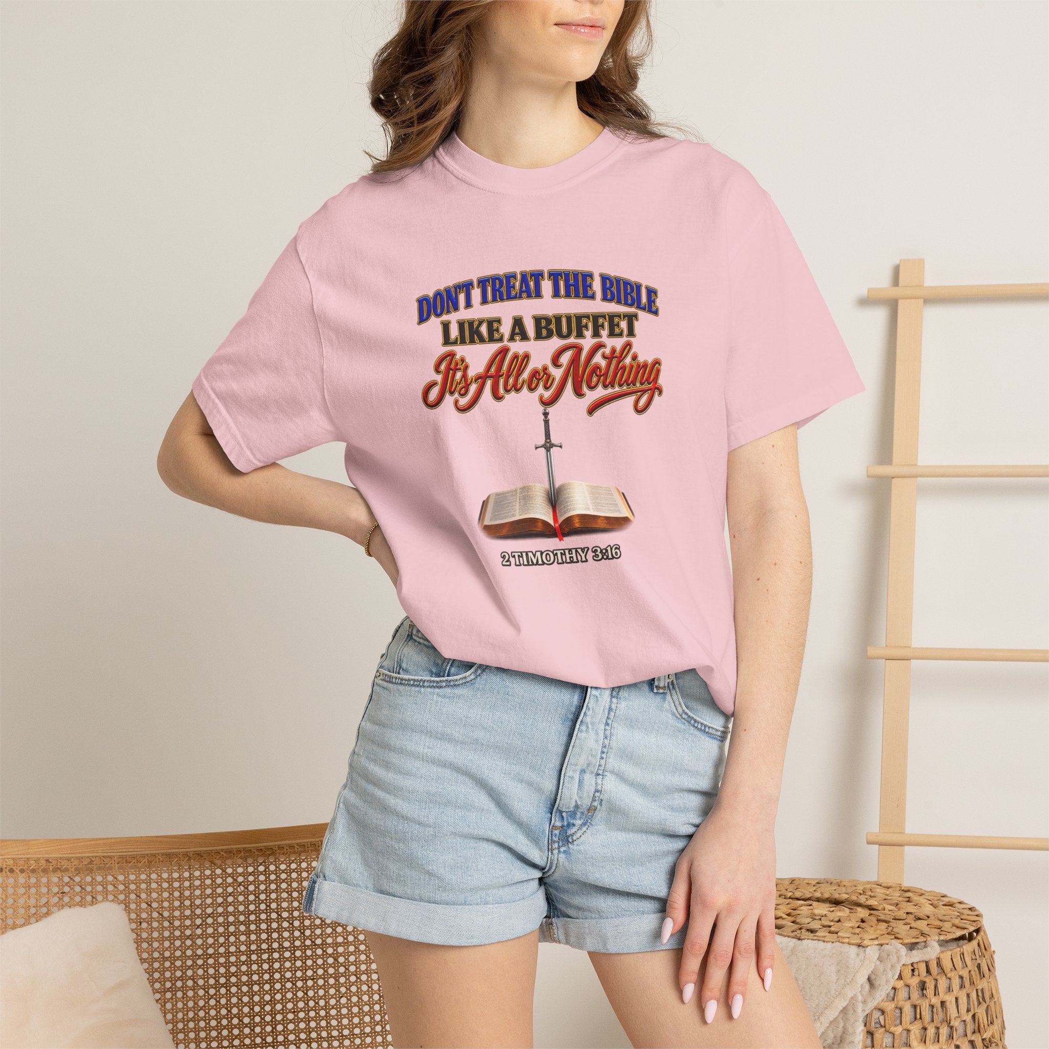 Christian Faith T-Shirt — "Don't Treat the Bible Like a Buffet" with Open Bible & "Full Armor of God" Back