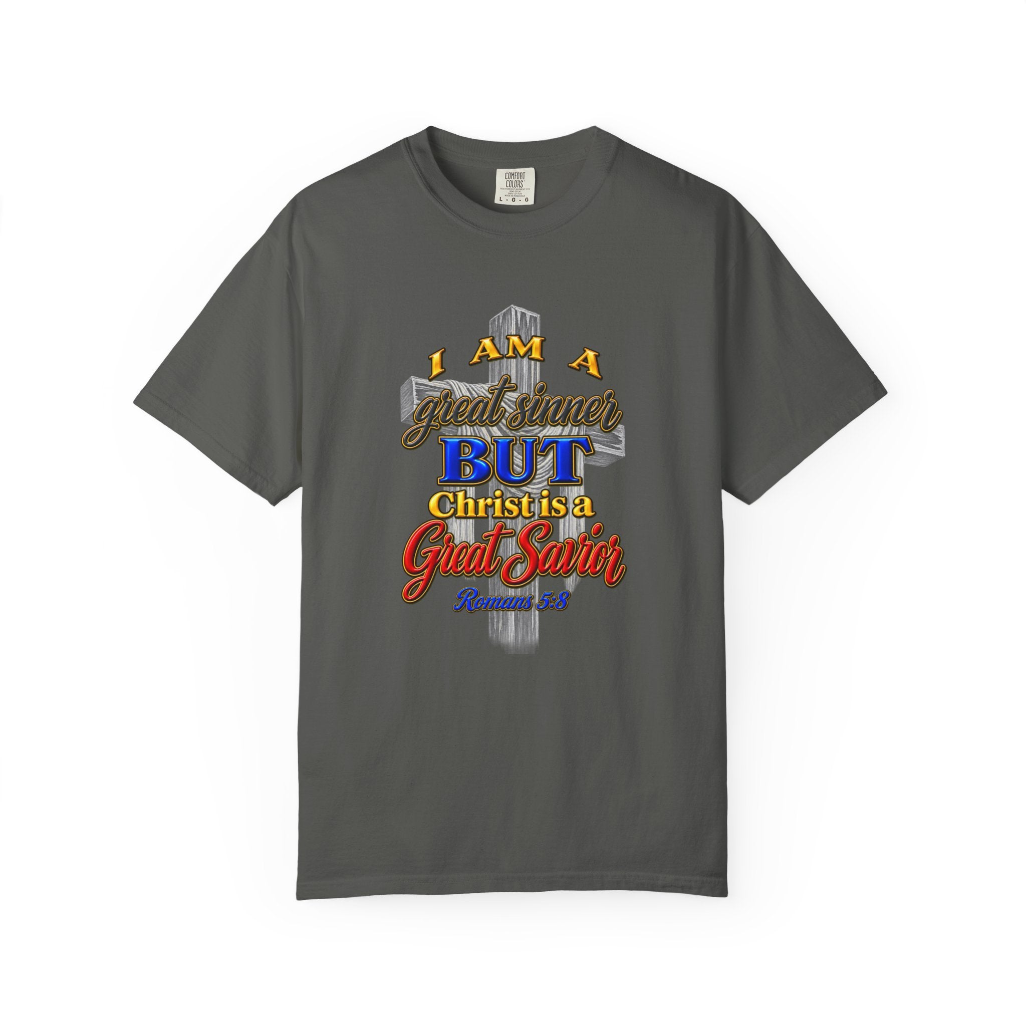 Christian Graphic T-Shirt — "I Am A Great Sinner But Christ Is A Great Savior" (Full Armor of God)