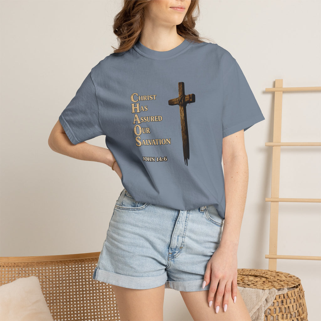 Christian Cross T-Shirt — "Christ Has Answered Our Salvation" Faith Tee (Back: "Full Armor of God")