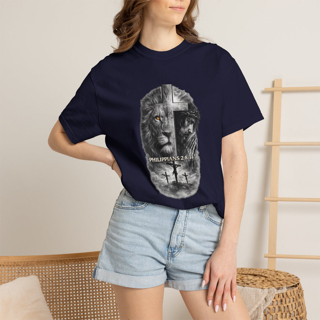 Christian Lion Cross T-Shirt — Philippians 2:8 Faith Graphic Tee