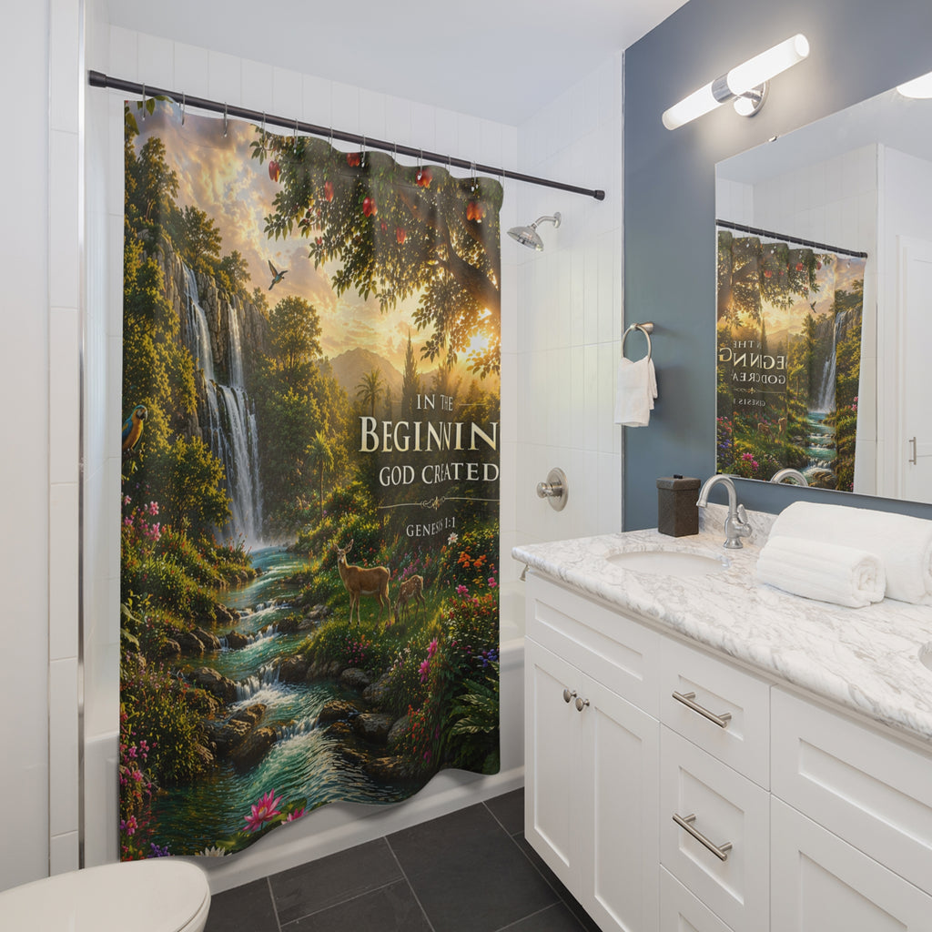 Genesis Nature Shower Curtain — "In the Beginning God Created" Biblical Landscape