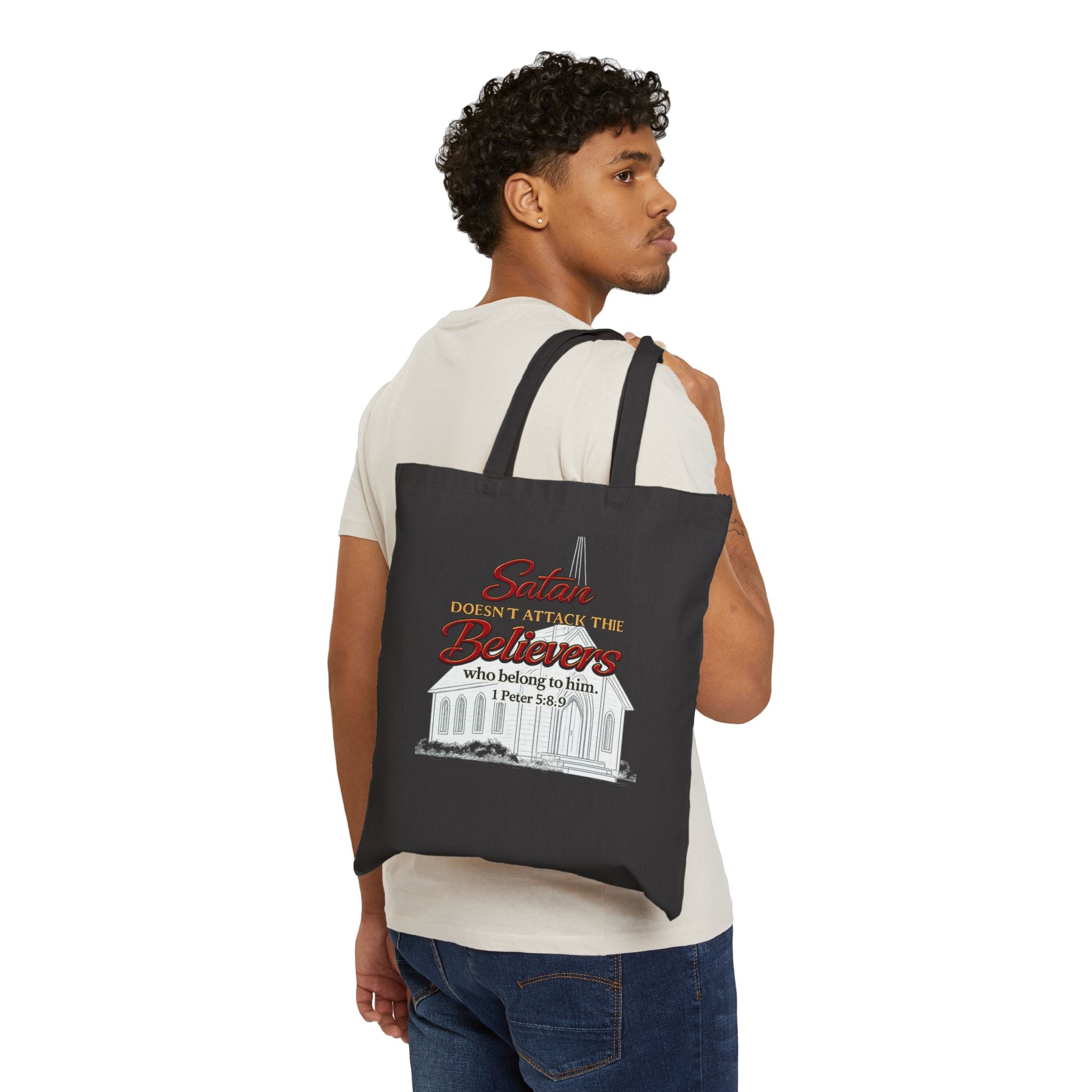 Christian Scripture Tote Bag – “Satan Doesn’t Attack the Believers” Canvas Grocery & Church Tote
