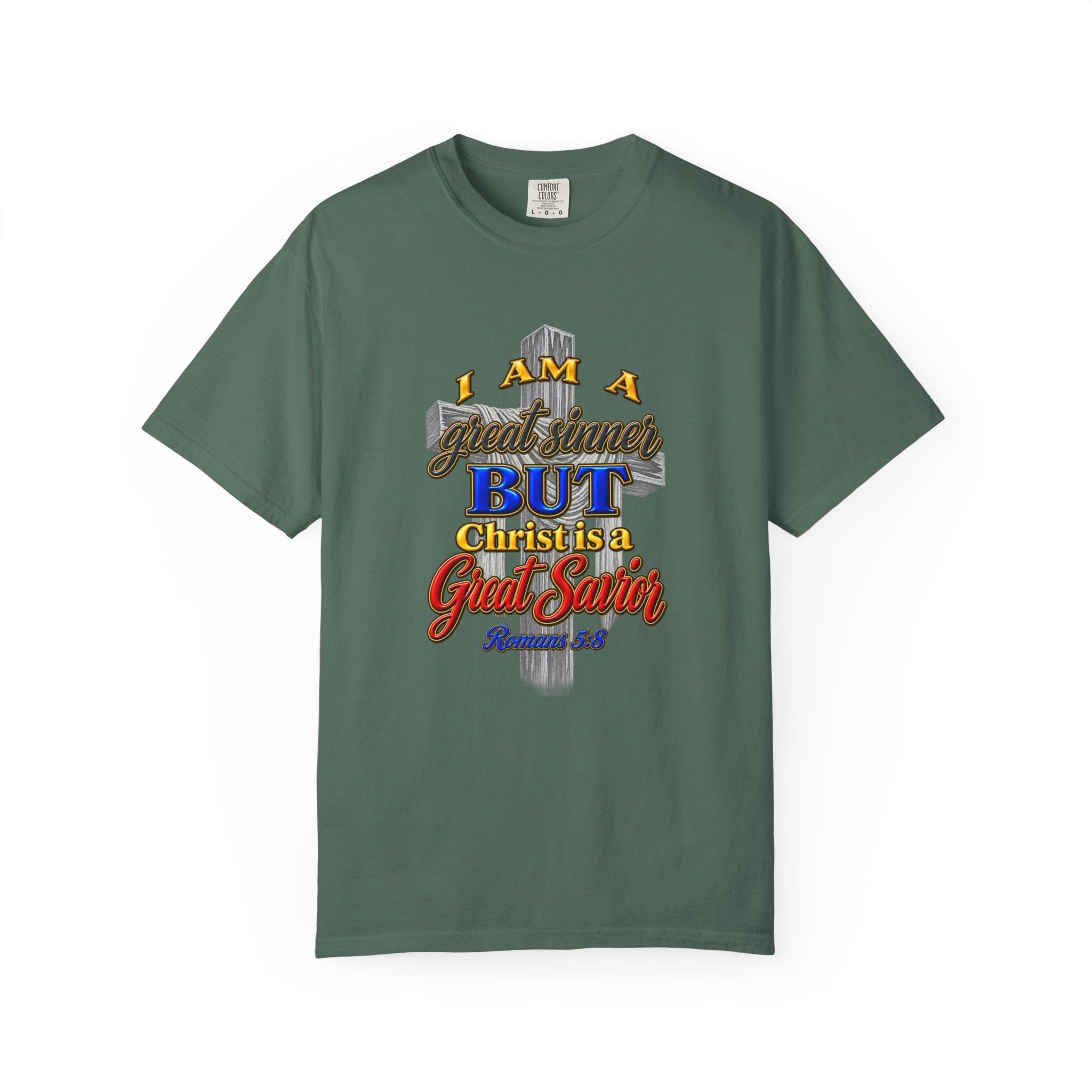 Christian Graphic T-Shirt — "I Am A Great Sinner But Christ Is A Great Savior" (Full Armor of God)