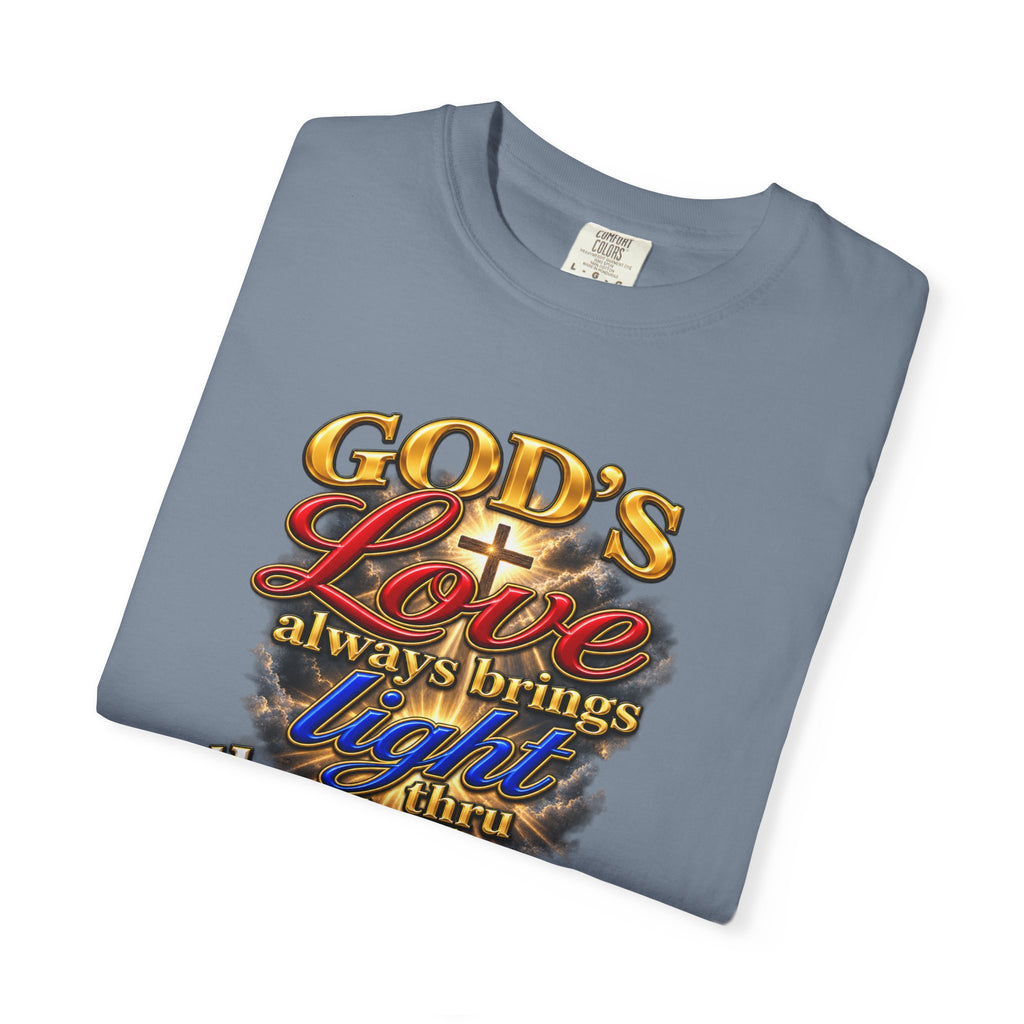 Christian Faith T-Shirt – “God’s Love Always Brings Light” Scripture Tee (John 8:12)