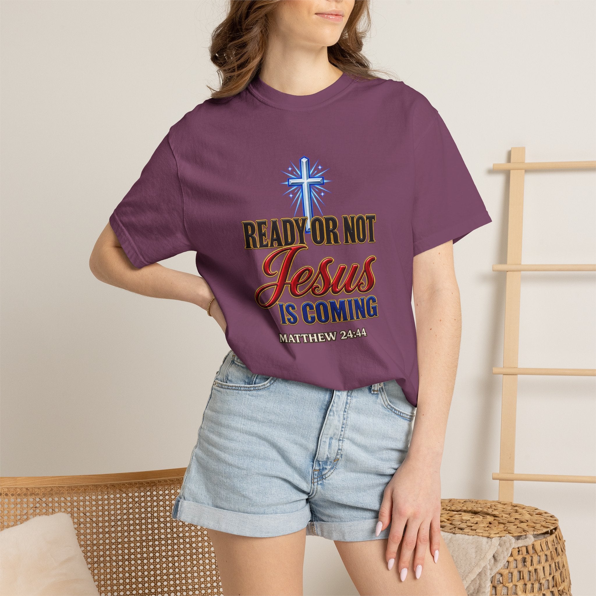 Christian T-Shirt — "Ready or Not Jesus Is Coming" Bible Verse Tee (Matthew 24:44)