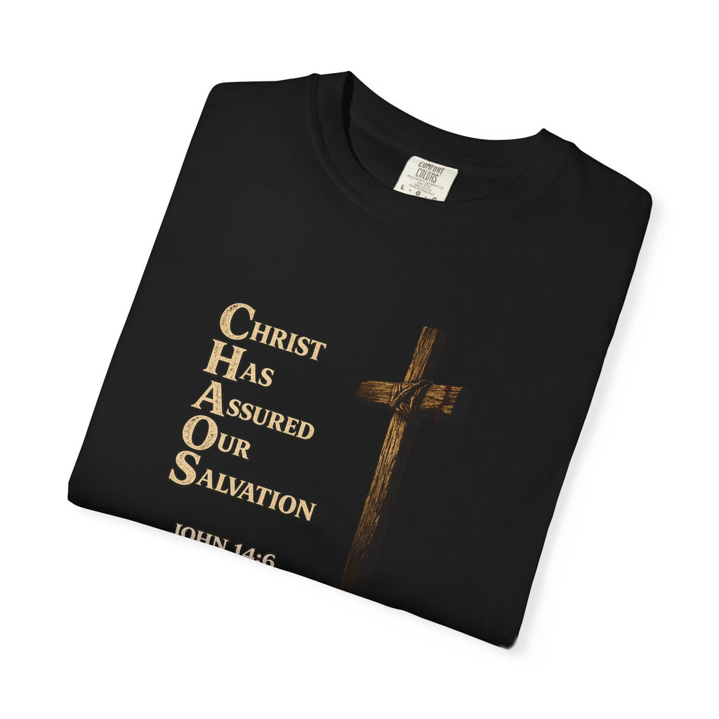 Christian Cross T-Shirt — "Christ Has Answered Our Salvation" Faith Tee (Back: "Full Armor of God")