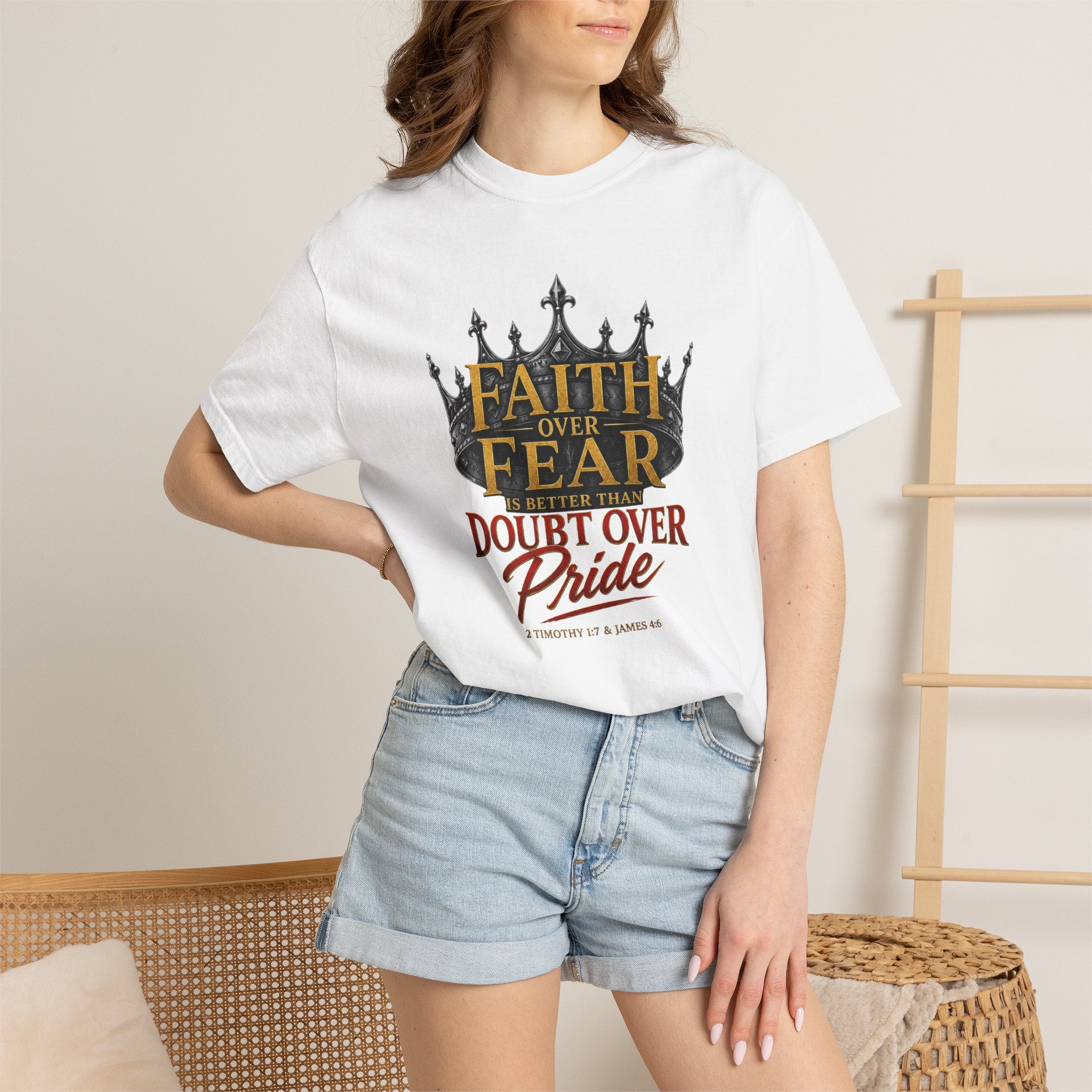 Faith Over Fear Crown T-Shirt – Christian Inspirational Tee (Faith Over Fear, Doubt Over Pride)
