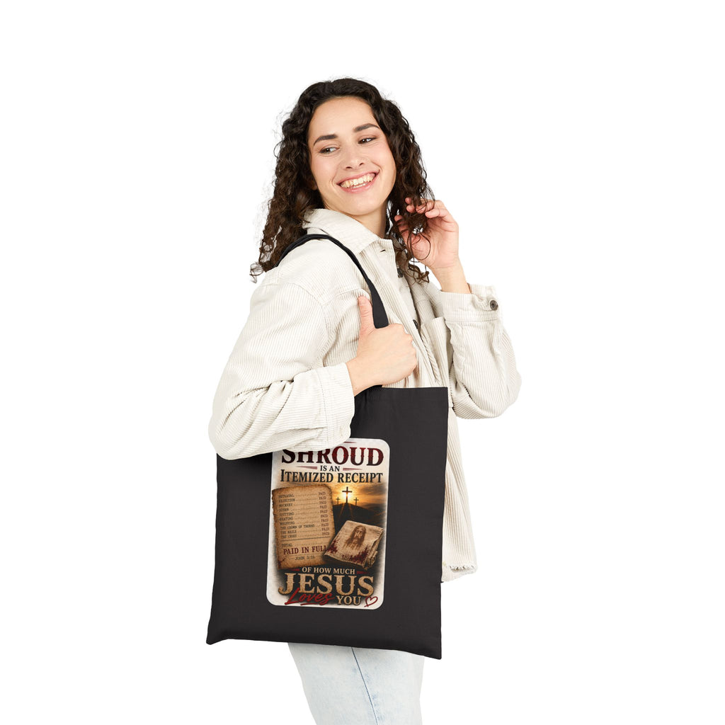 Christian Canvas Tote Bag – “The Shroud Itemized Receipt” Faith Graphic Tote
