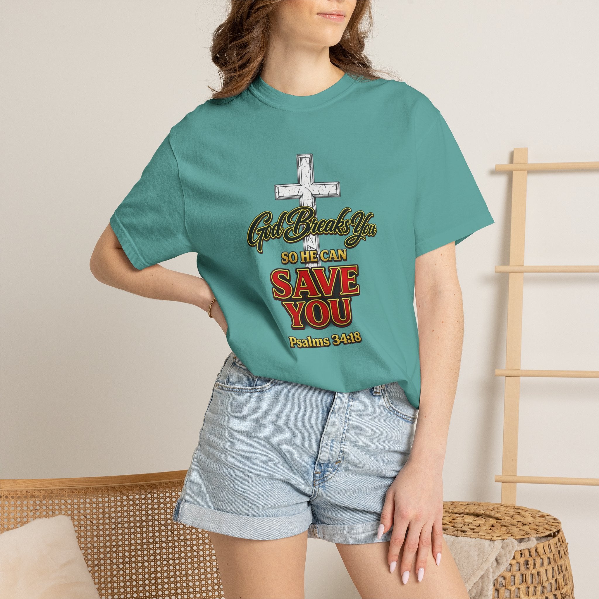 Christian Cross T-Shirt — "God Broke In So He Can Save You" (Psalms 34:19)