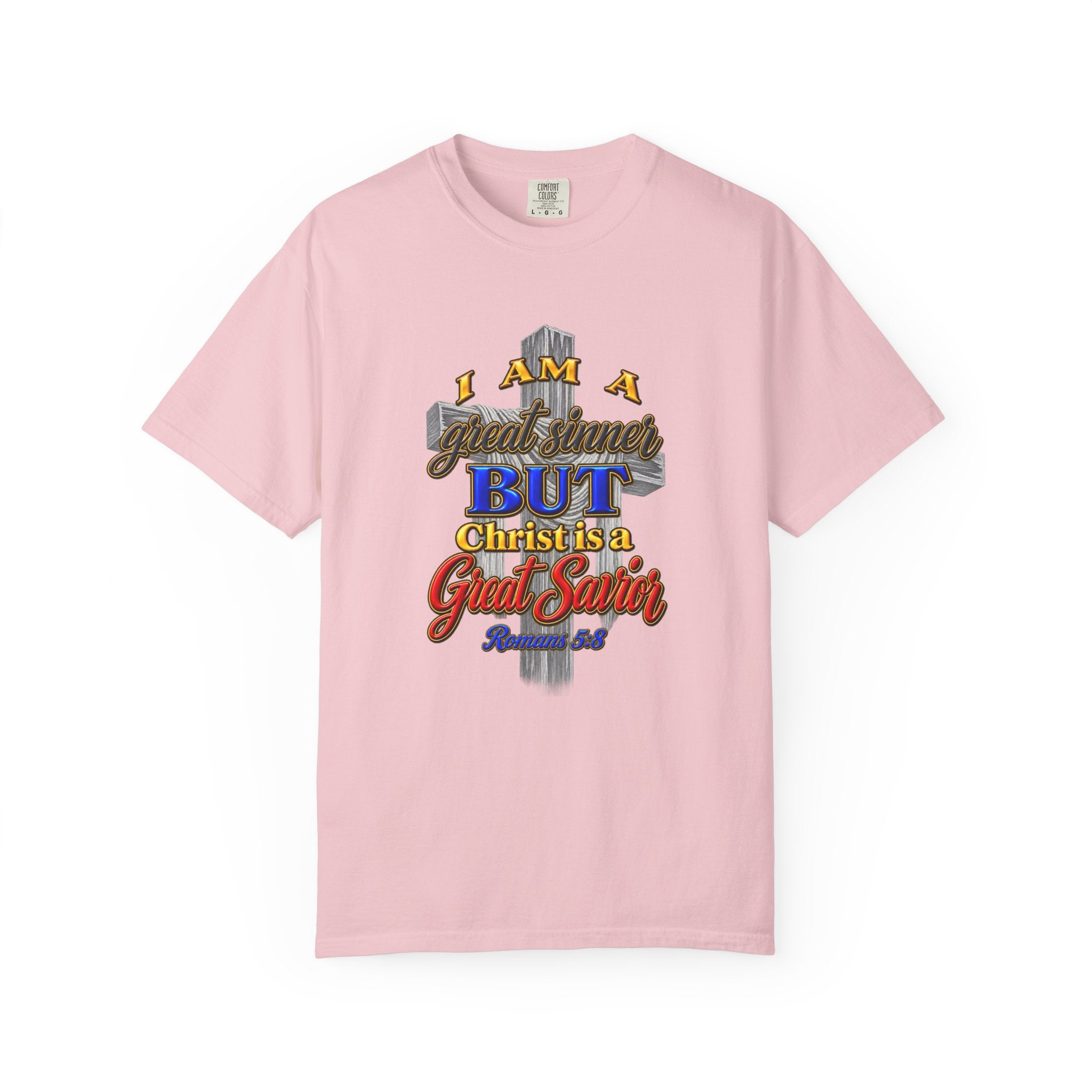 Christian Graphic T-Shirt — "I Am A Great Sinner But Christ Is A Great Savior" (Full Armor of God)