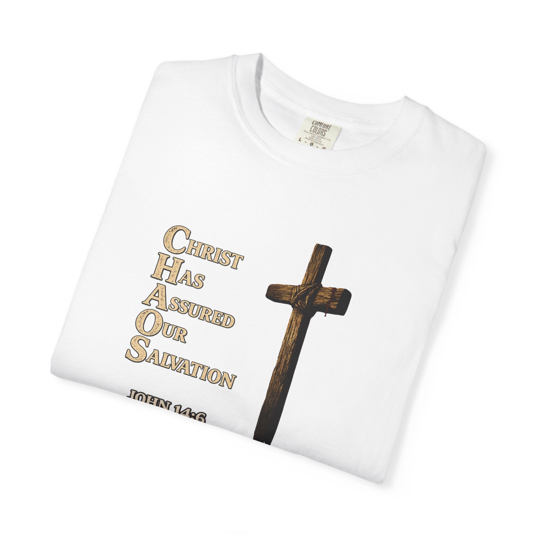 Christian Cross T-Shirt — "Christ Has Answered Our Salvation" Faith Tee (Back: "Full Armor of God")