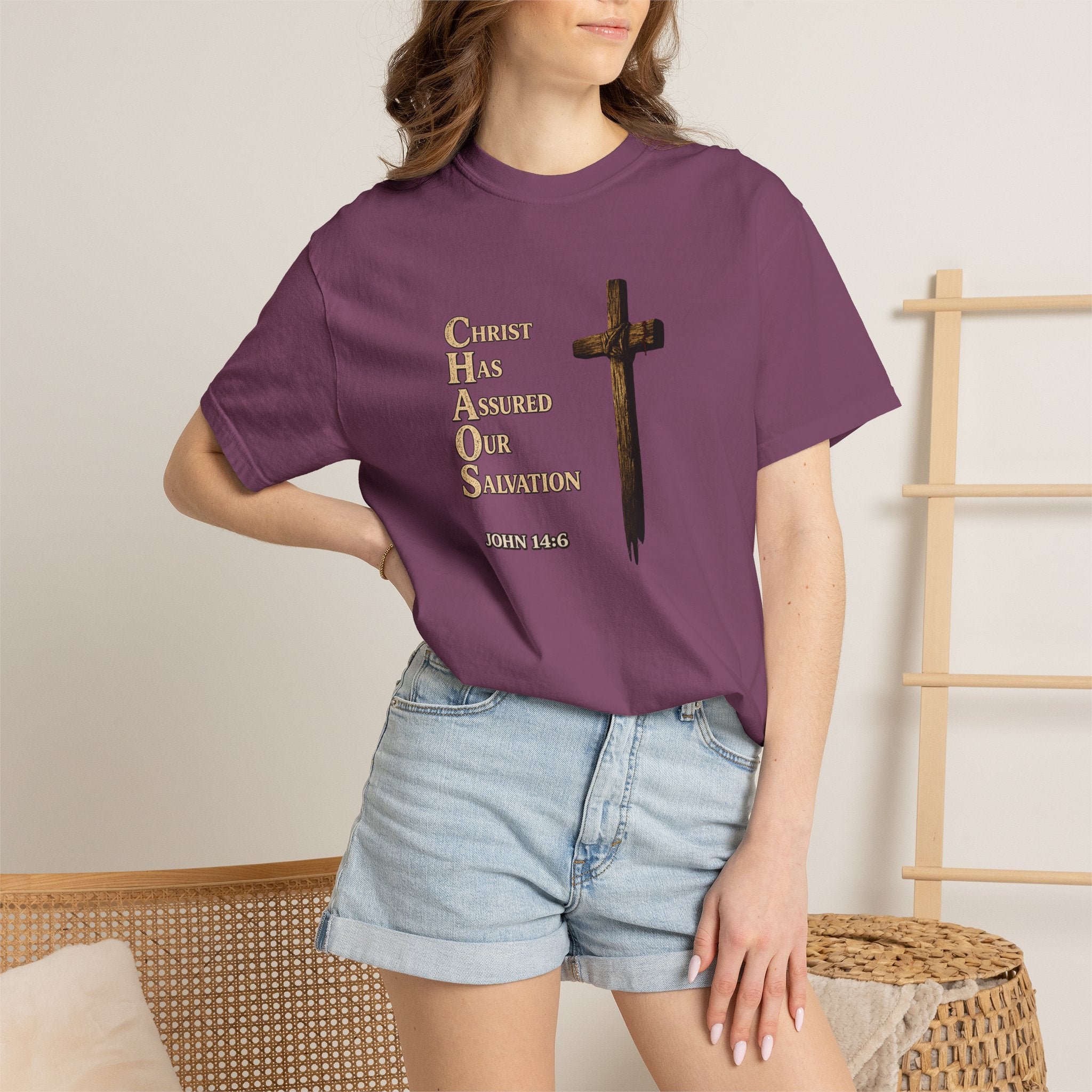 Christian Cross T-Shirt — "Christ Has Answered Our Salvation" Faith Tee (Back: "Full Armor of God")